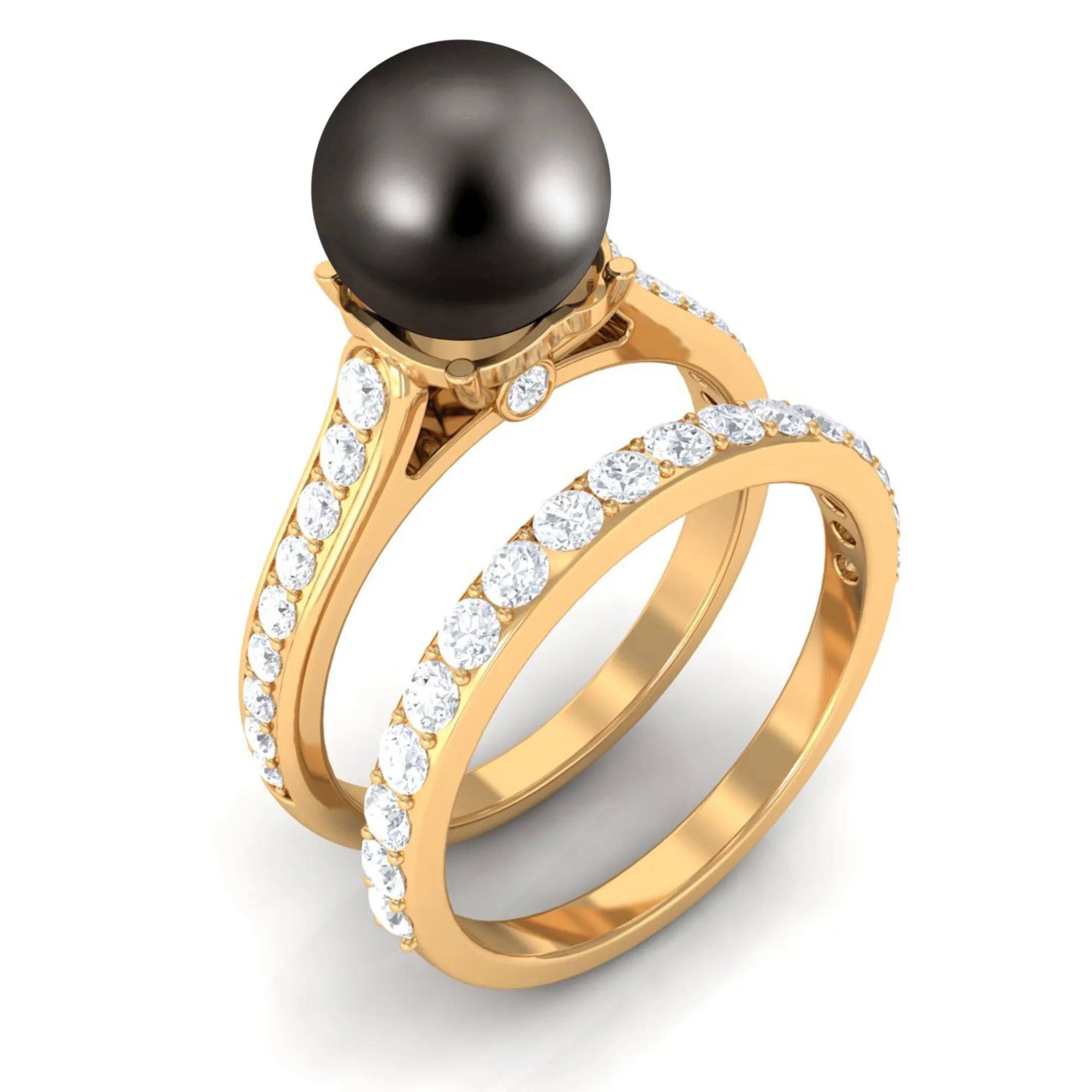 Elegant Wedding Ring Set with 9.75 CT Tahitian Pearl and Moissanite