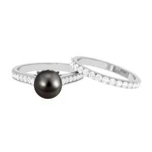Elegant Wedding Ring Set with 9.75 CT Tahitian Pearl and Moissanite