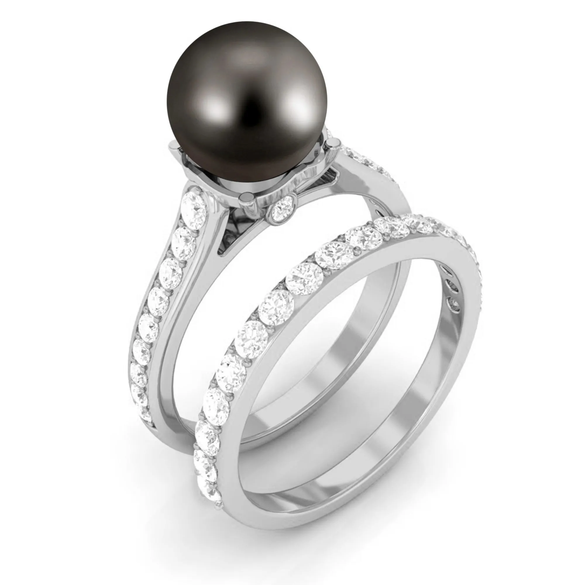 Elegant Wedding Ring Set with 9.75 CT Tahitian Pearl and Moissanite