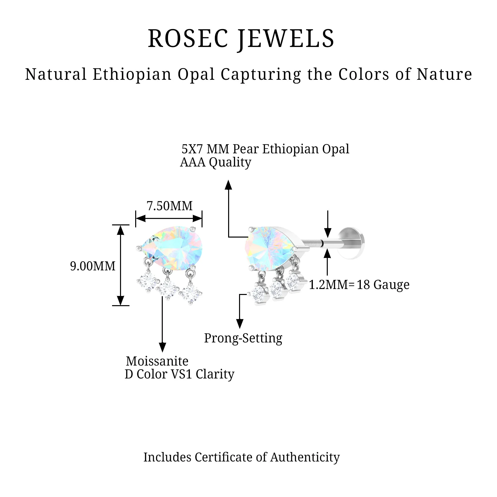 Ethiopian Opal and Moissanite Dangle Helix Earring