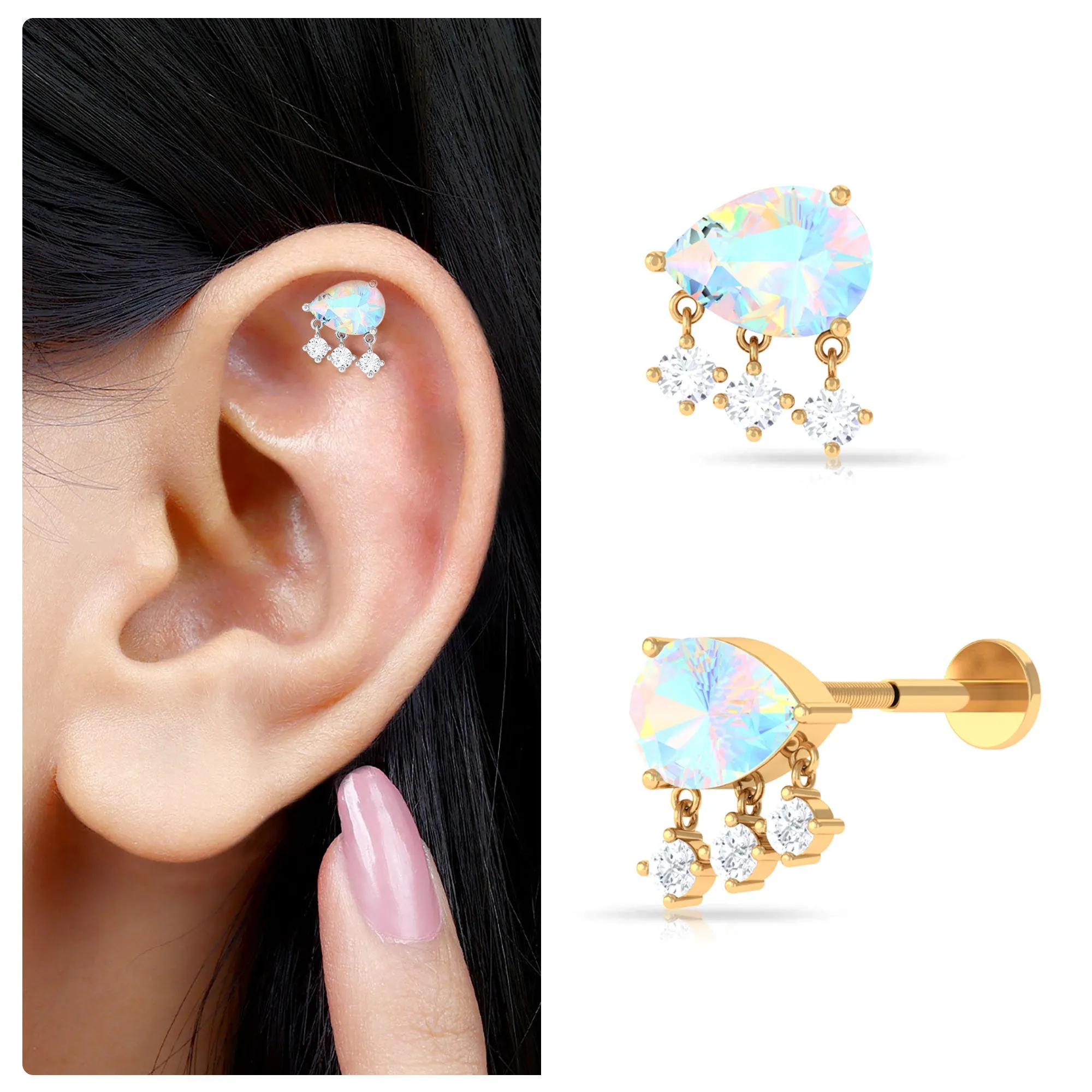 Ethiopian Opal and Moissanite Dangle Helix Earring