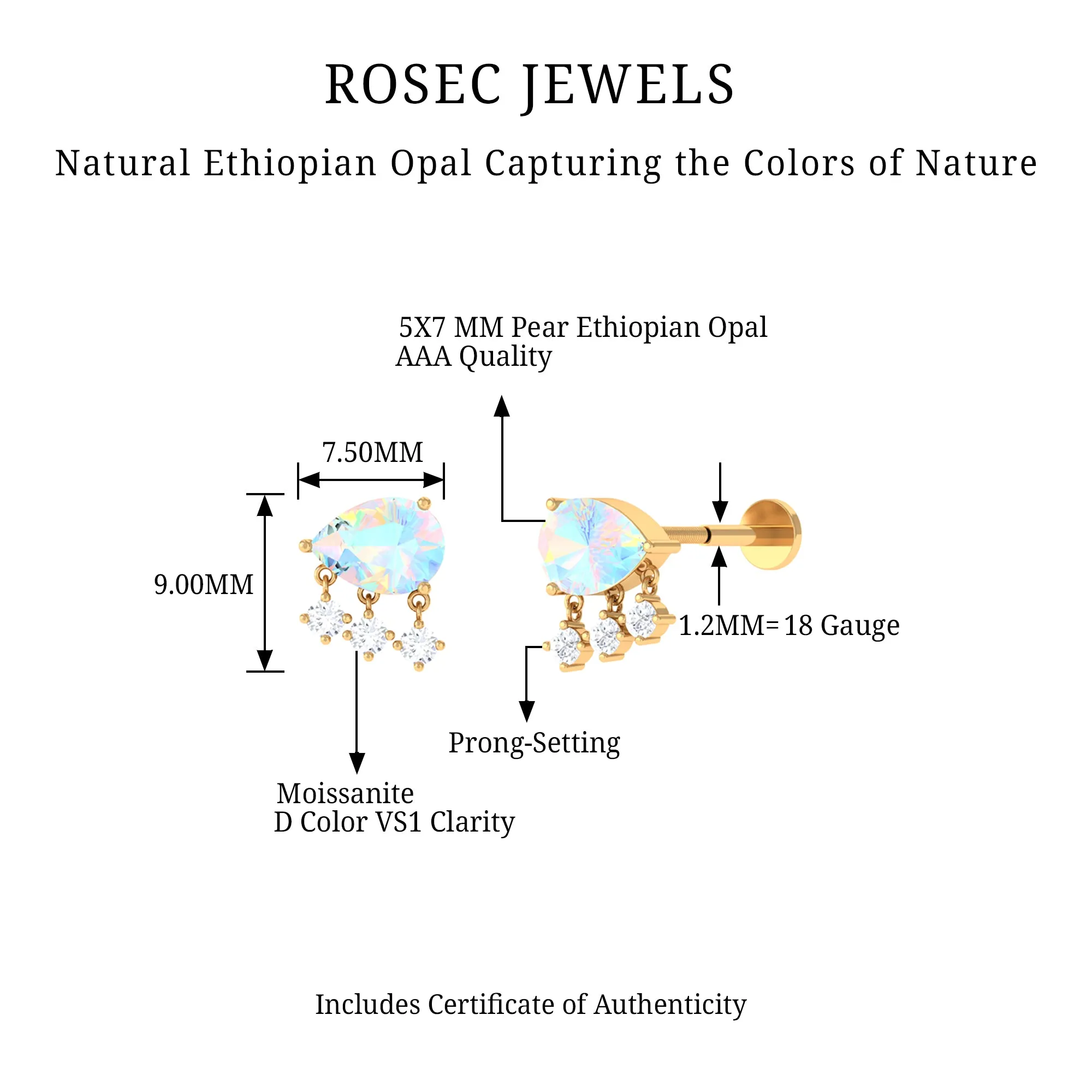 Ethiopian Opal and Moissanite Dangle Helix Earring