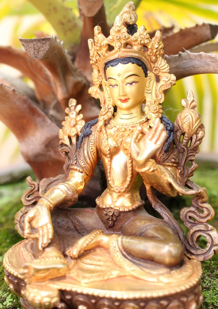 Exquisite Gold Plated Green Tara Statue 6"