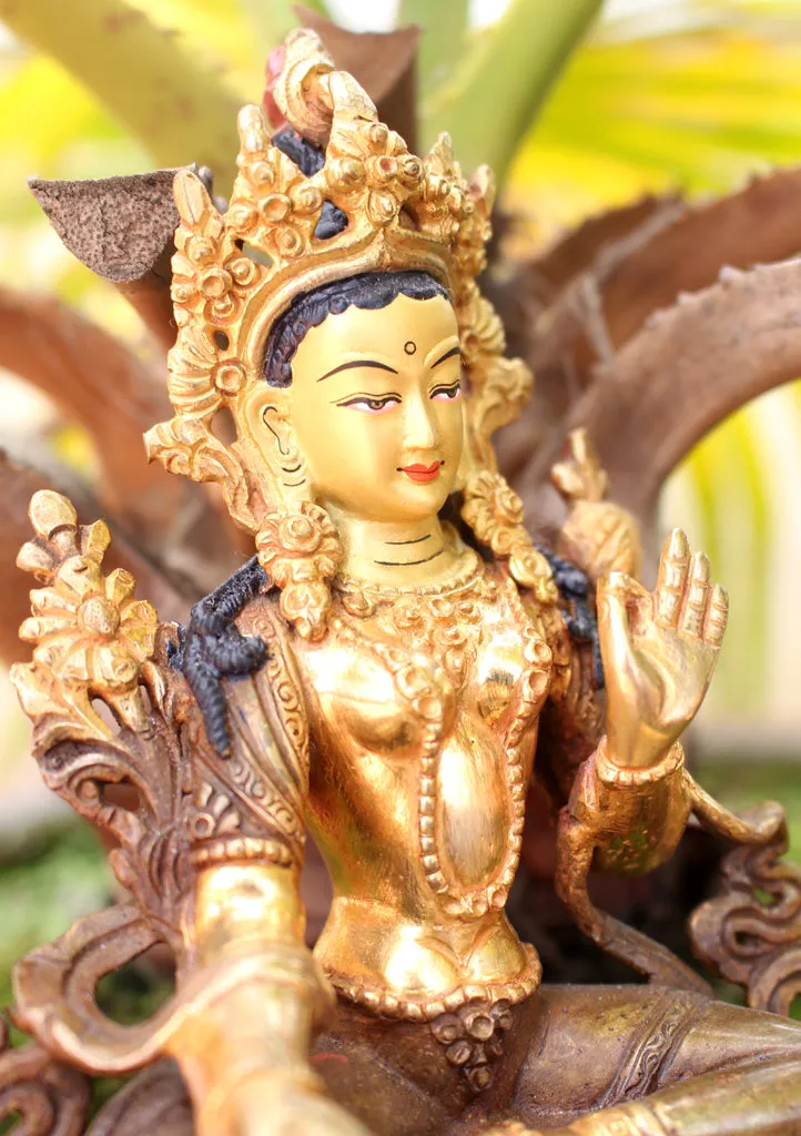 Exquisite Gold Plated Green Tara Statue 6"