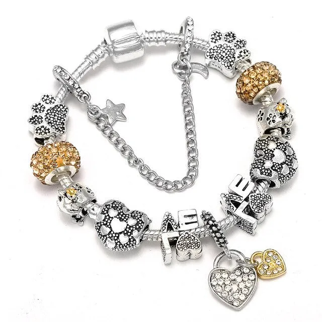 Fashion Bear Palm Dreamcatcher Feather Charm Bracelets For Women Men Original Crystal Flowers LOVE Beaded Bangle Gift