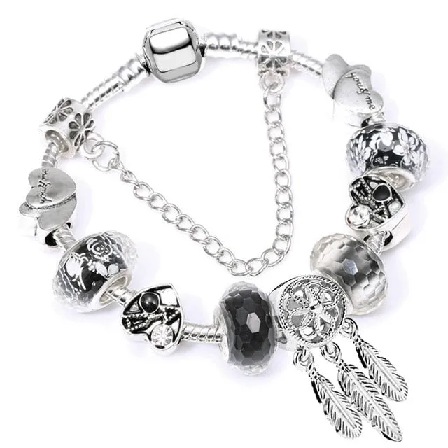 Fashion Bear Palm Dreamcatcher Feather Charm Bracelets For Women Men Original Crystal Flowers LOVE Beaded Bangle Gift
