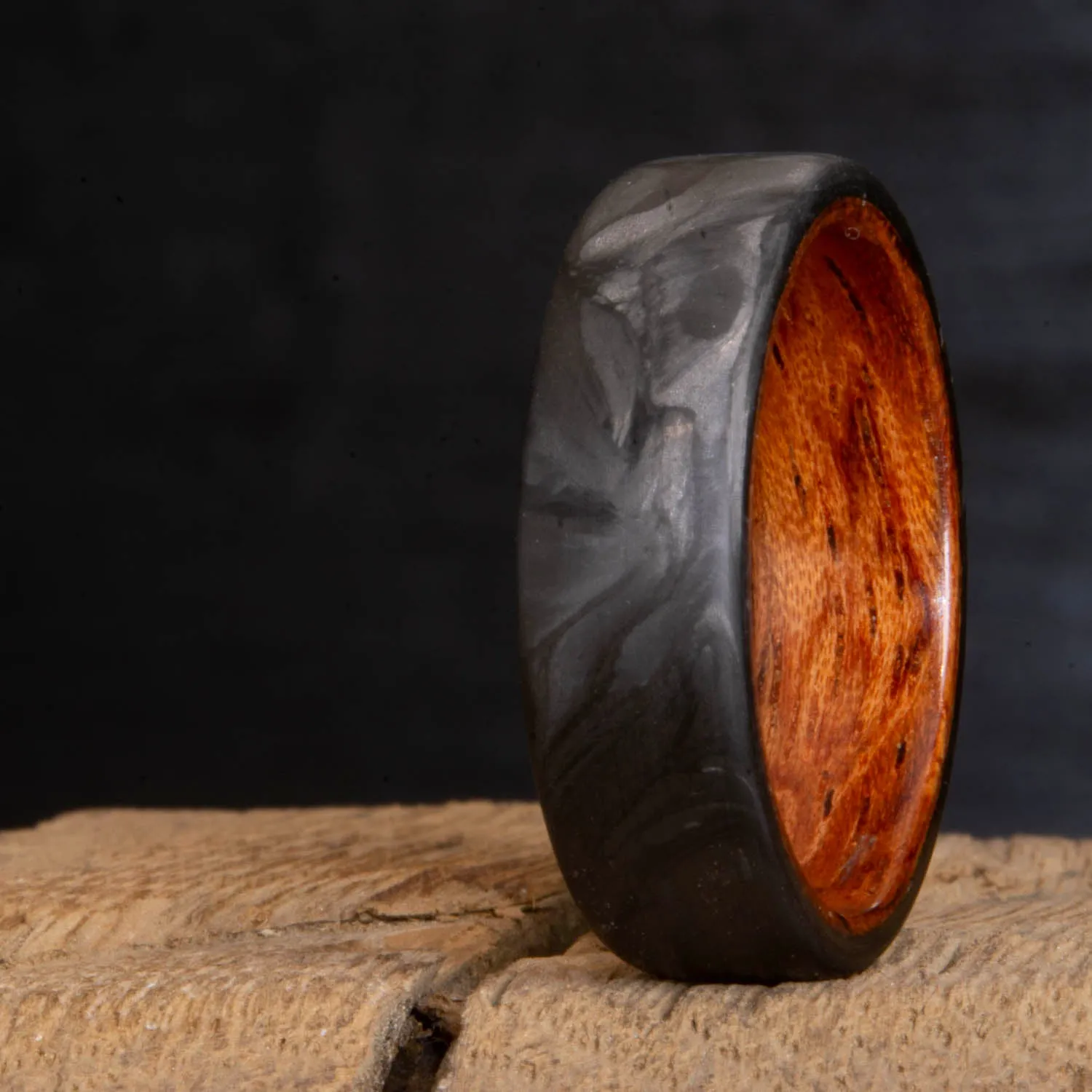 Forged carbon fiber ring with Bubinga wood