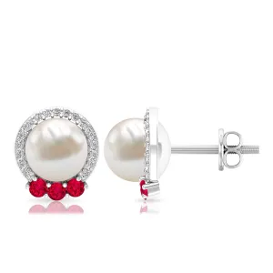 Freshwater Pearl and Ruby Stud Earrings with Diamond Halo