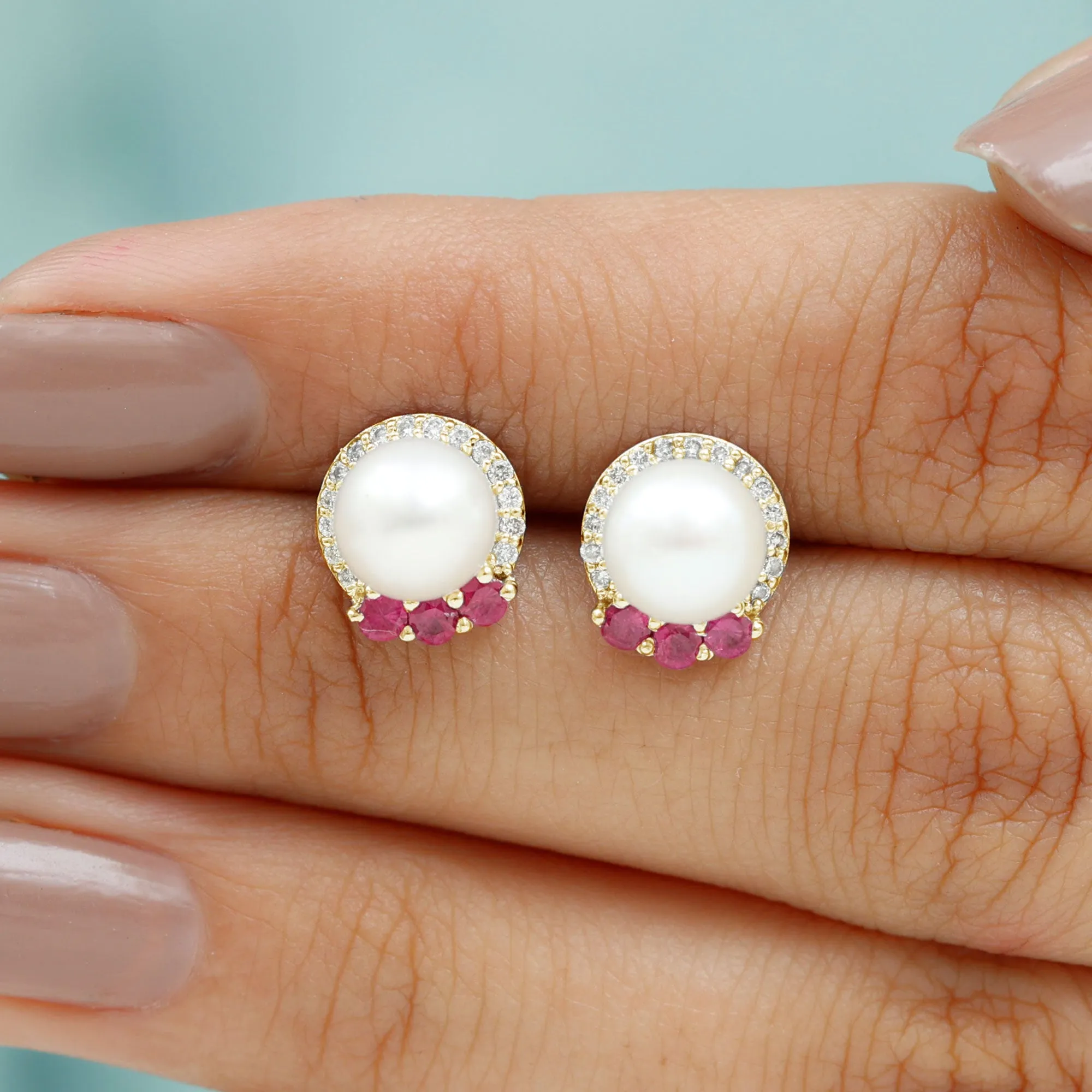 Freshwater Pearl and Ruby Stud Earrings with Diamond Halo