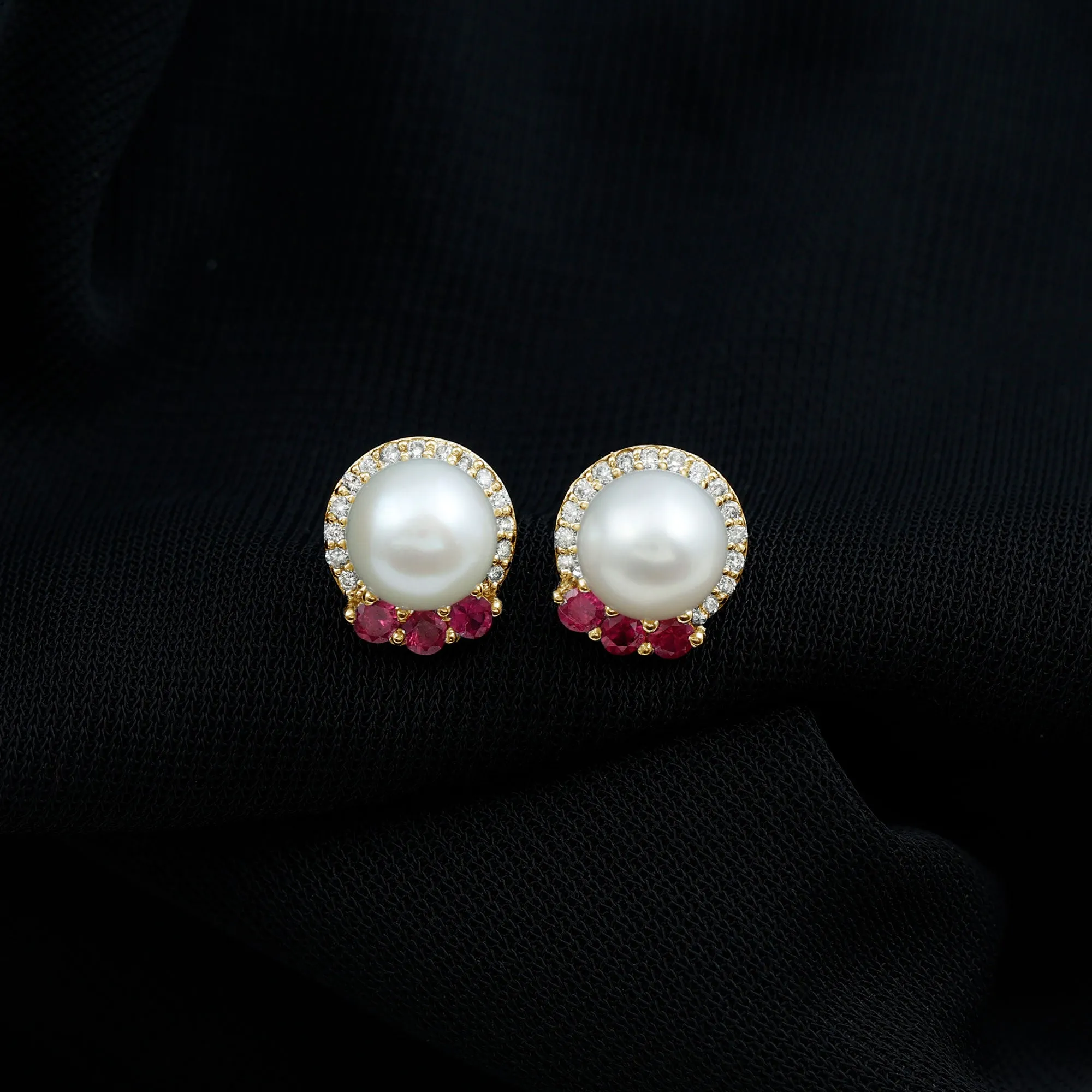 Freshwater Pearl and Ruby Stud Earrings with Diamond Halo
