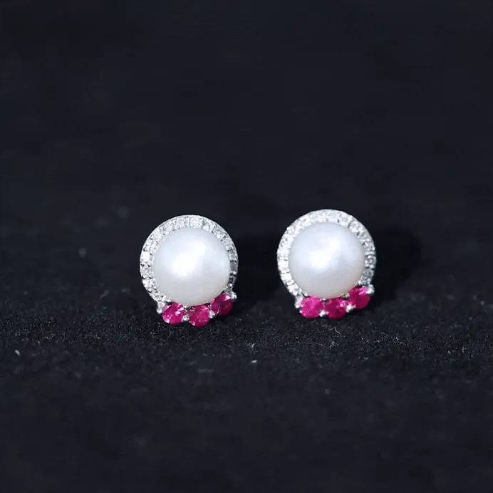 Freshwater Pearl and Ruby Stud Earrings with Diamond Halo