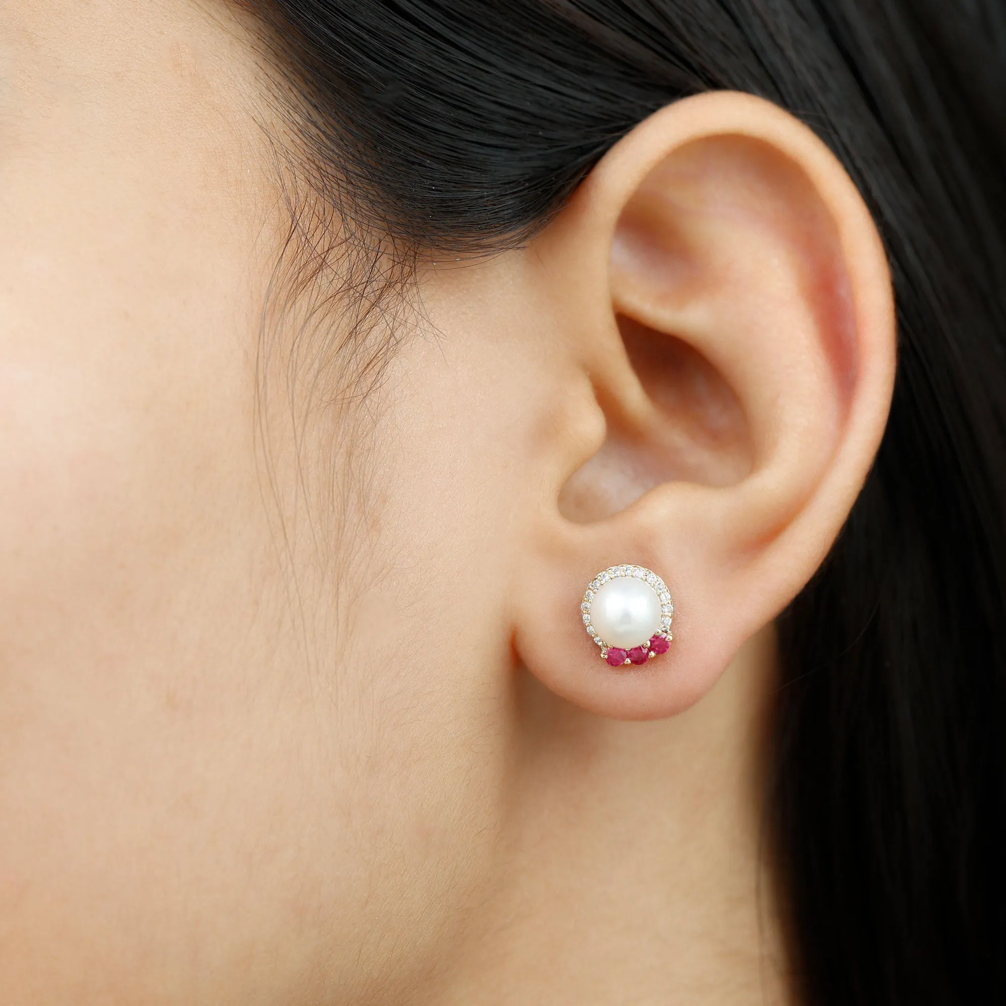 Freshwater Pearl and Ruby Stud Earrings with Diamond Halo