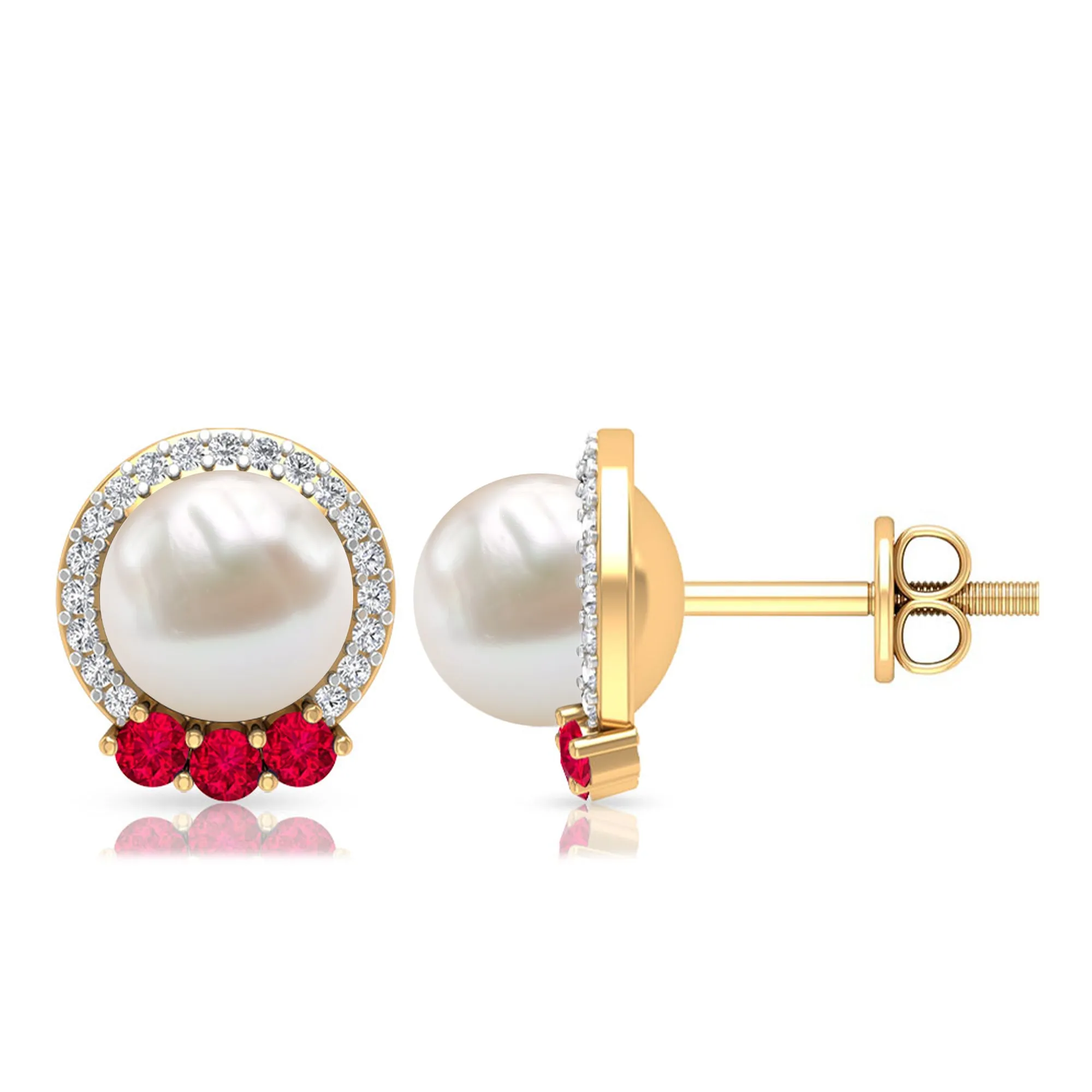 Freshwater Pearl and Ruby Stud Earrings with Diamond Halo