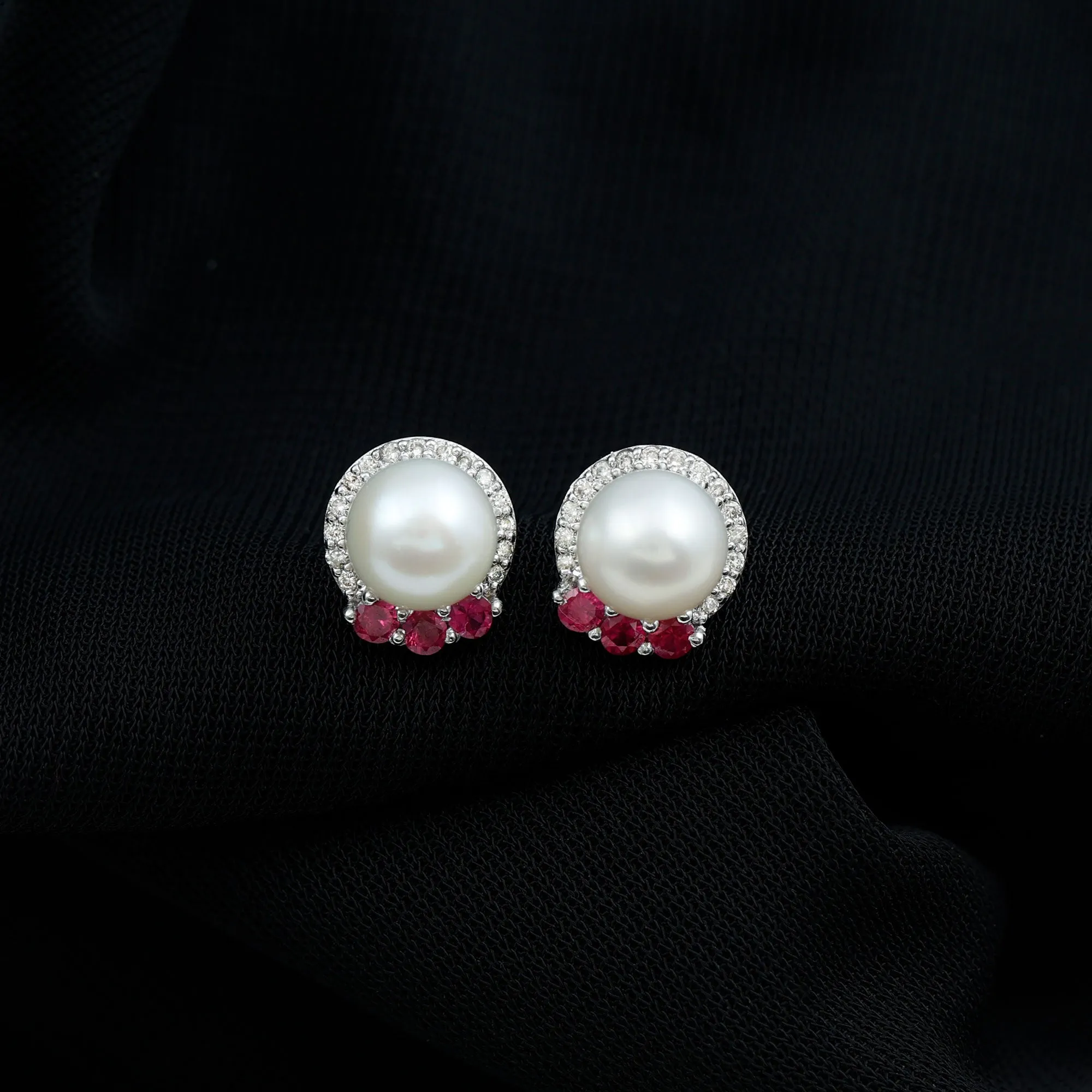 Freshwater Pearl and Ruby Stud Earrings with Diamond Halo