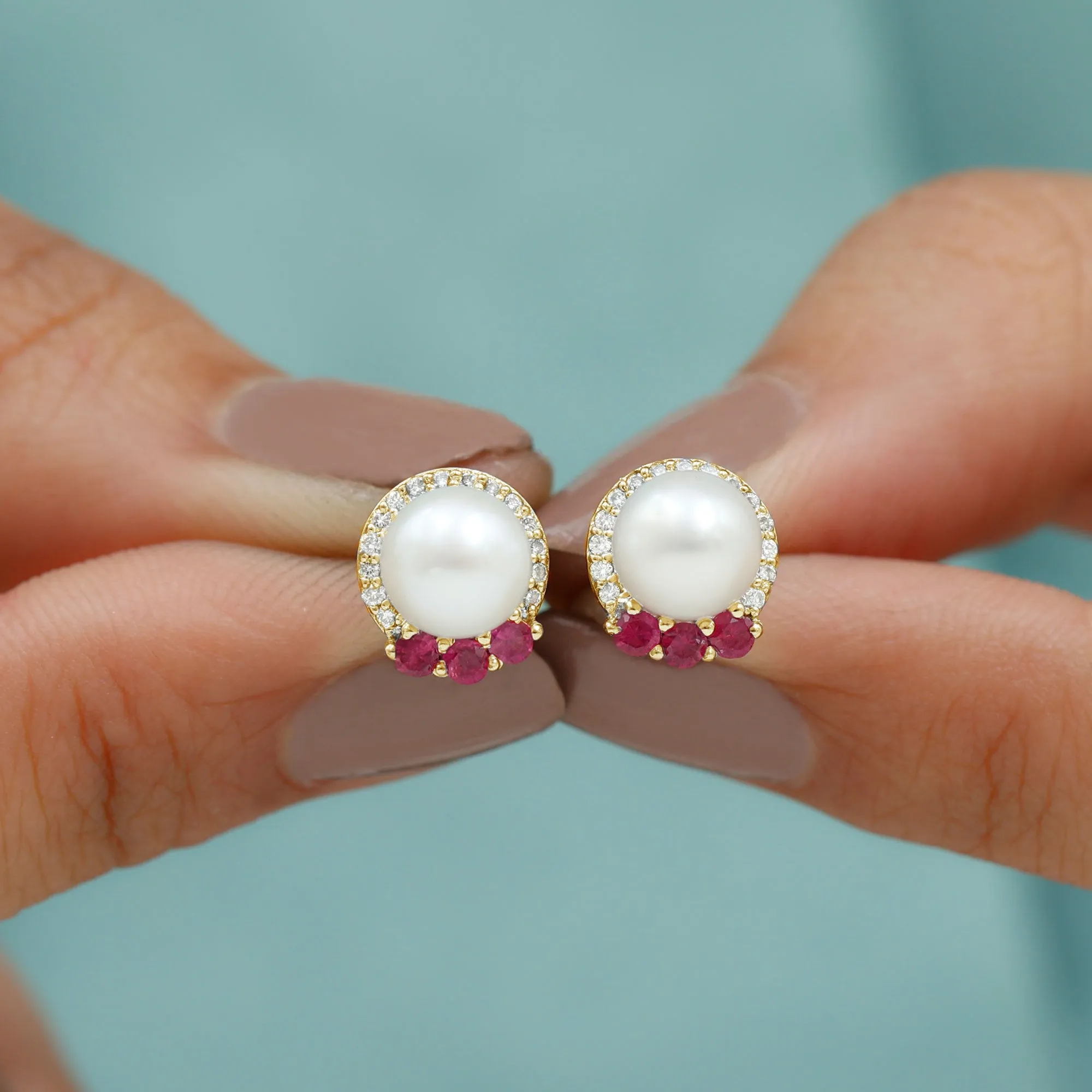 Freshwater Pearl and Ruby Stud Earrings with Diamond Halo