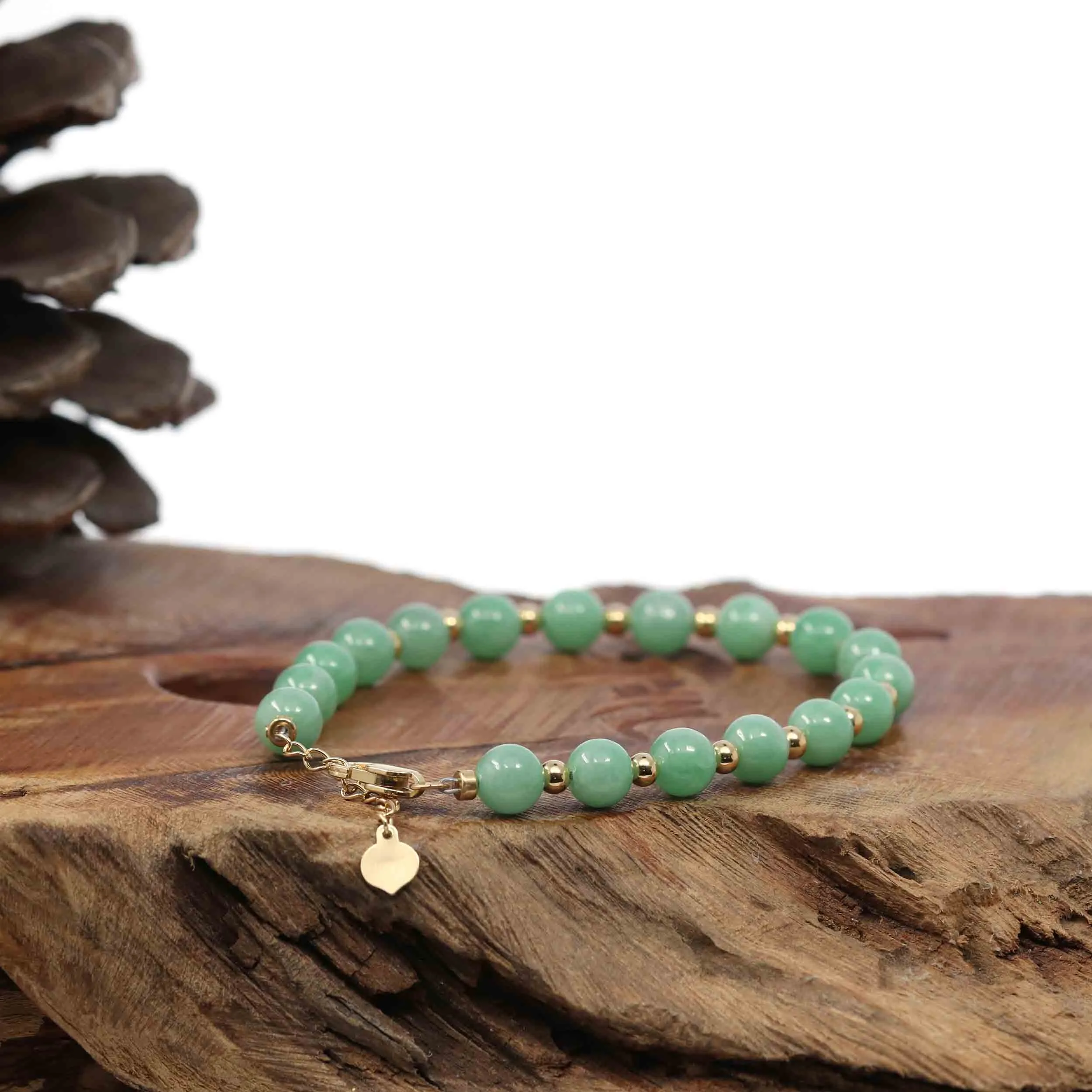 Genuine Green Jadeite Jade Round Beads Bracelet With 18K Yellow Gold Clasp and Gold Beads ( 6 mm )