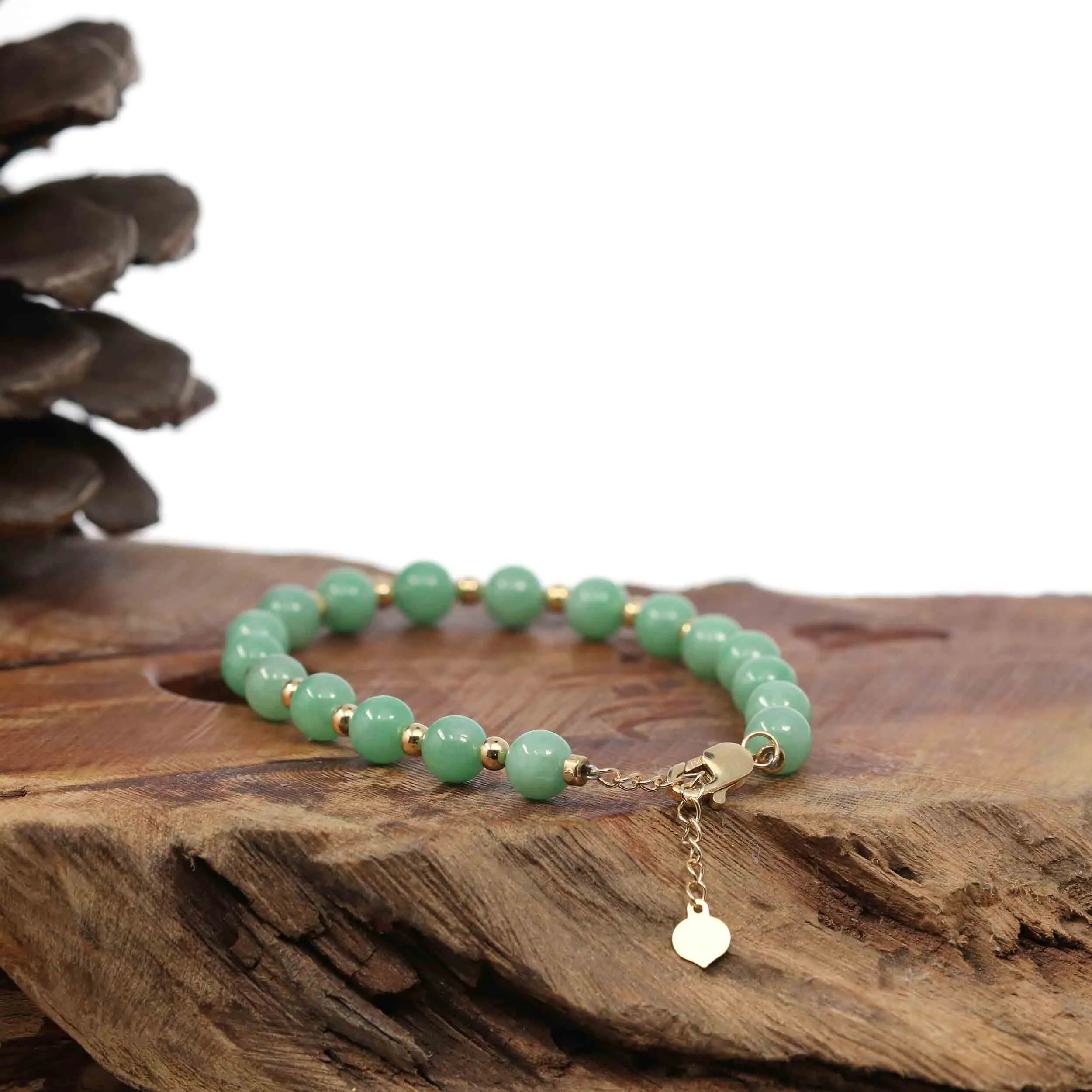 Genuine Green Jadeite Jade Round Beads Bracelet With 18K Yellow Gold Clasp and Gold Beads ( 6 mm )