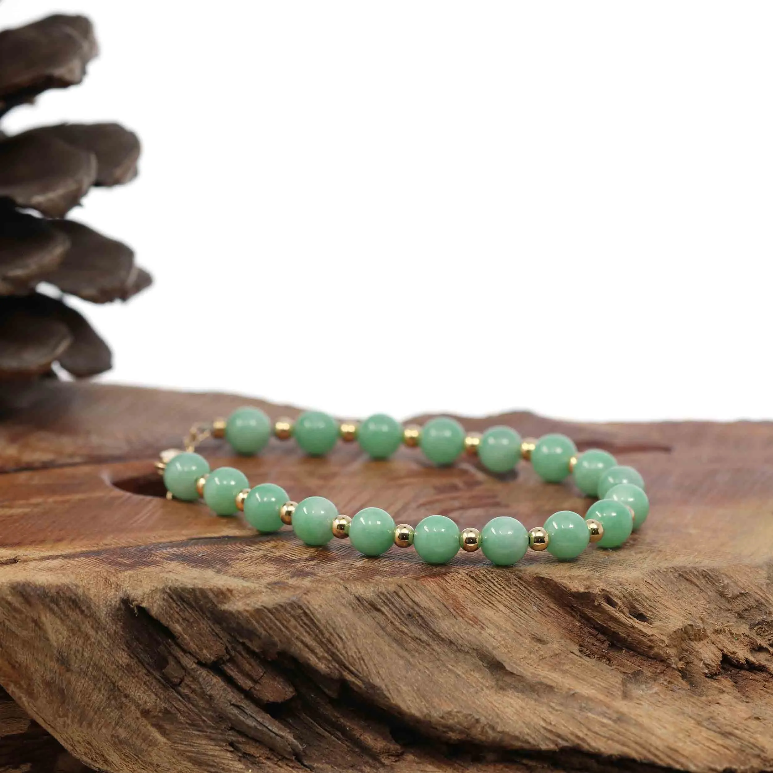 Genuine Green Jadeite Jade Round Beads Bracelet With 18K Yellow Gold Clasp and Gold Beads ( 6 mm )
