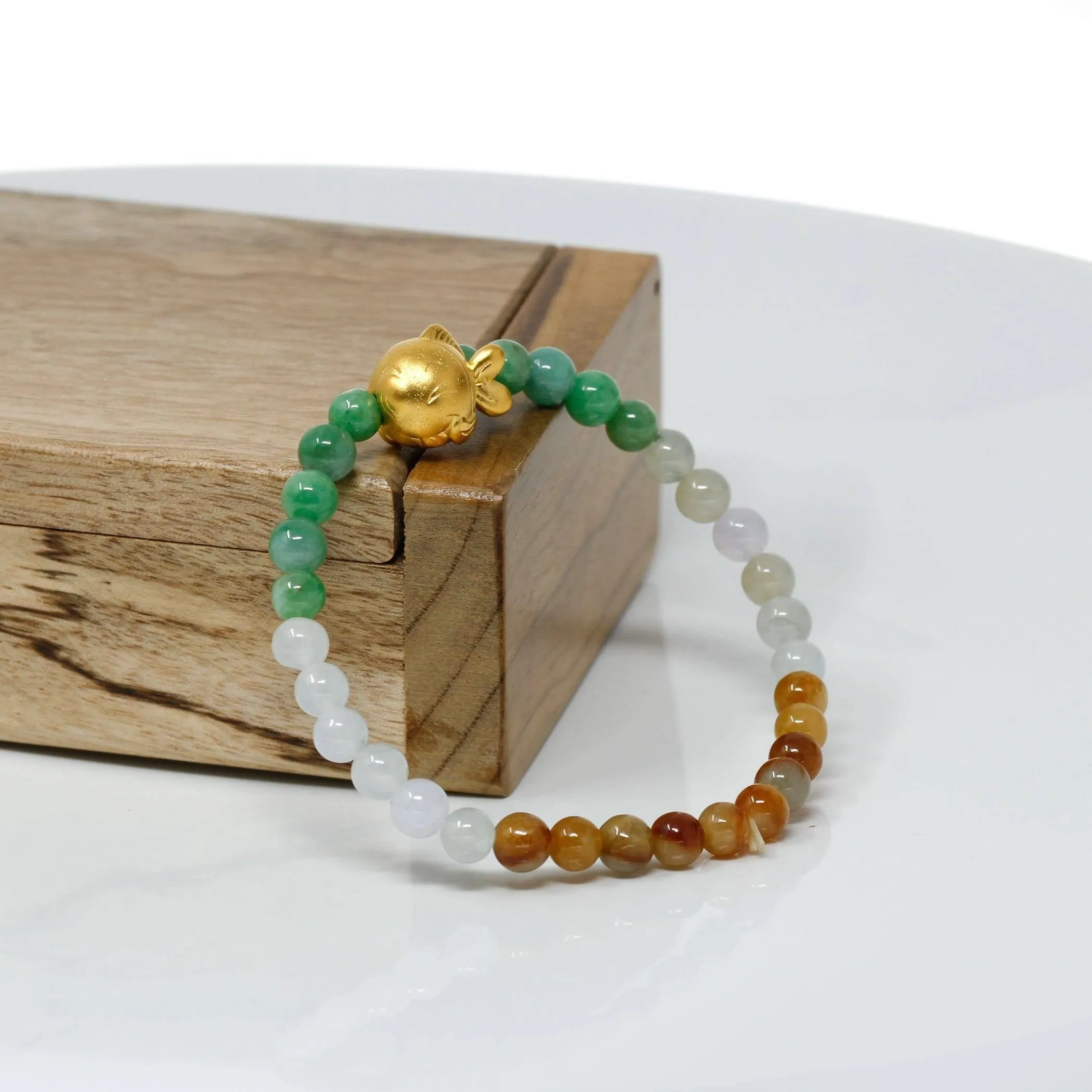 Genuine High-quality Jade Jadeite Bracelet Bangle with 24k Yellow Goldfish Charm Colorful  #405