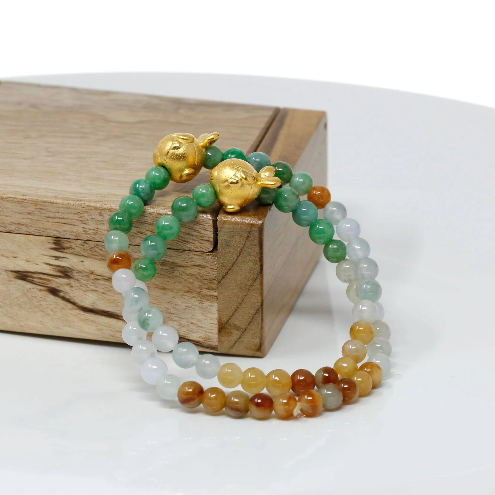 Genuine High-quality Jade Jadeite Bracelet Bangle with 24k Yellow Goldfish Charm Colorful  #405