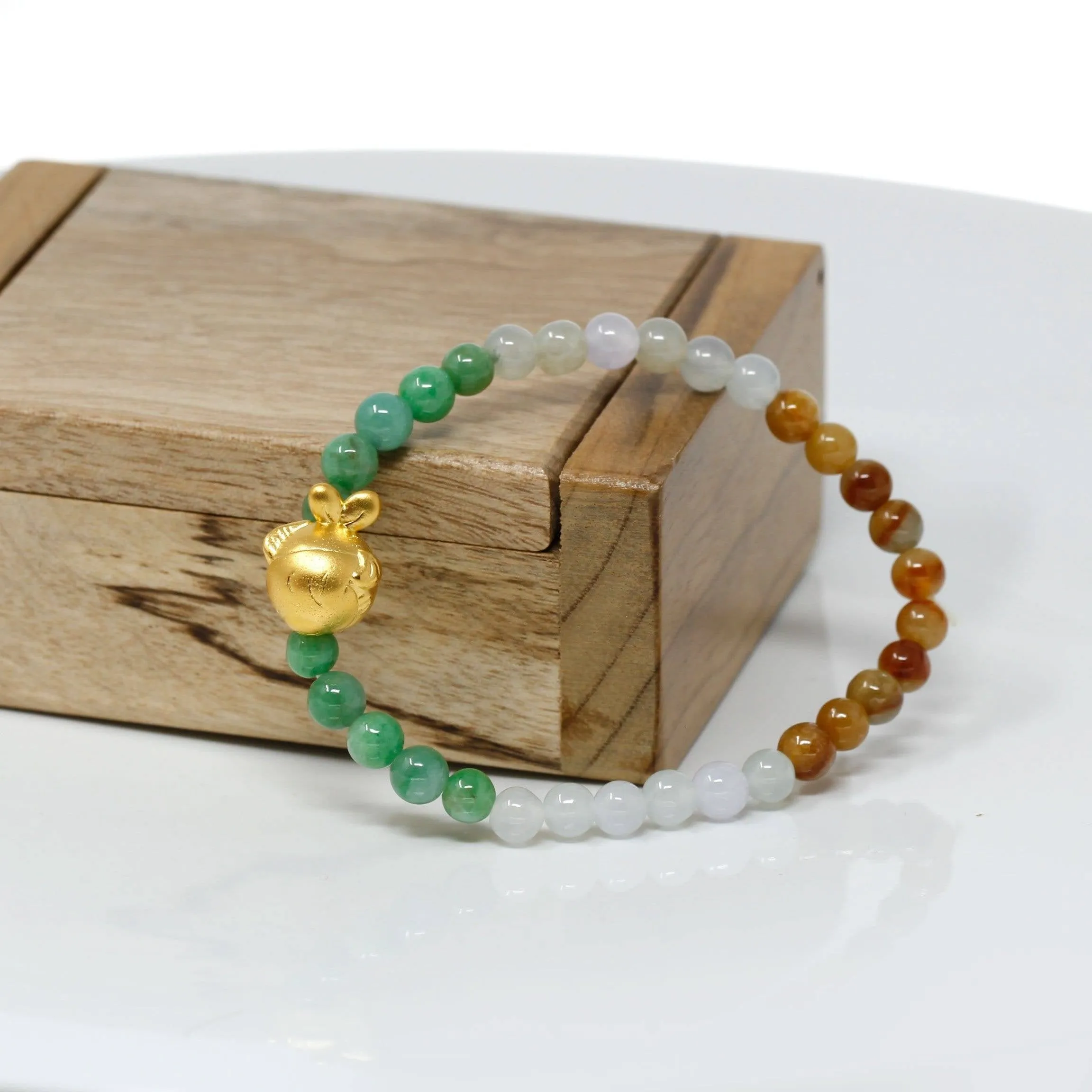 Genuine High-quality Jade Jadeite Bracelet Bangle with 24k Yellow Goldfish Charm Colorful  #405