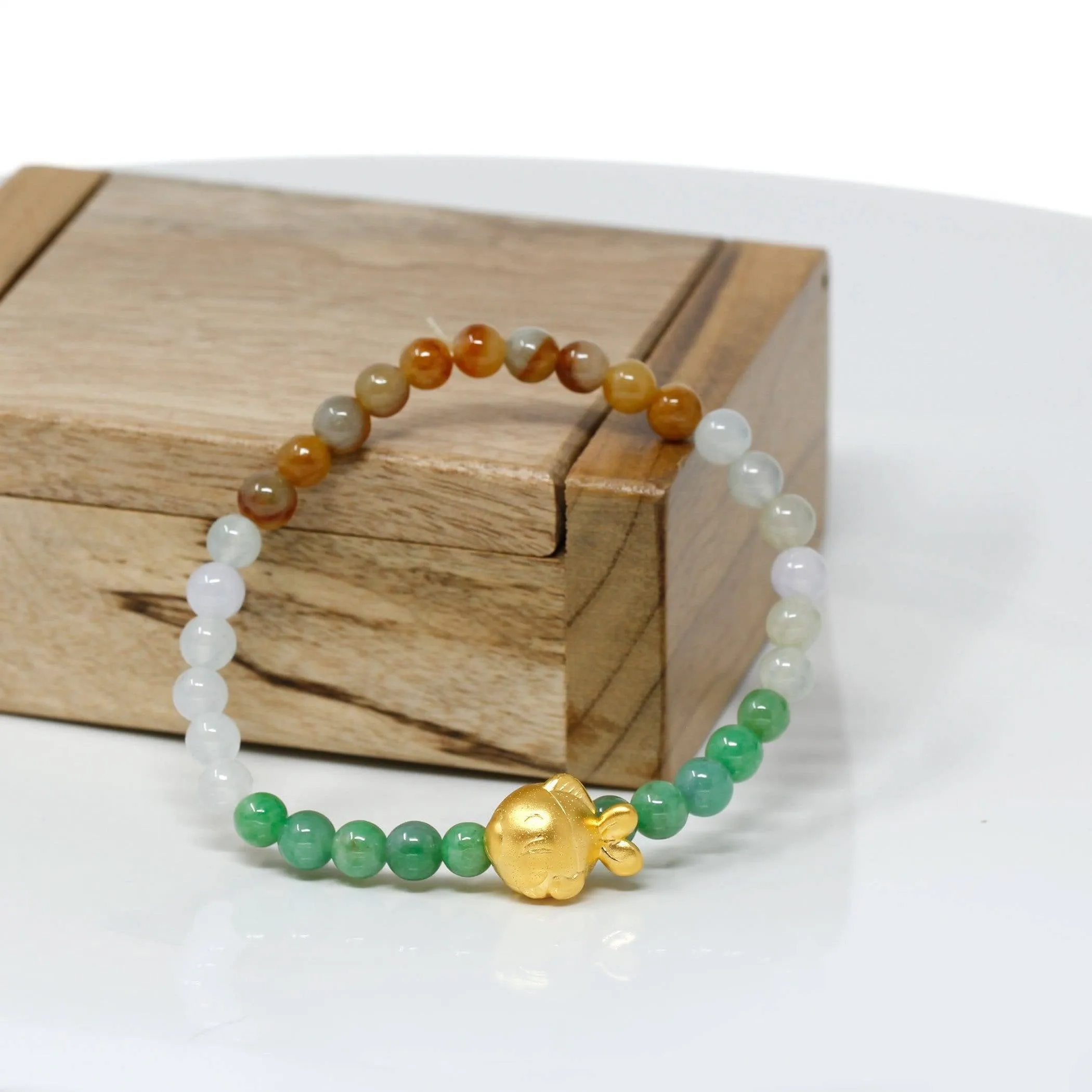 Genuine High-quality Jade Jadeite Bracelet Bangle with 24k Yellow Goldfish Charm Colorful  #405