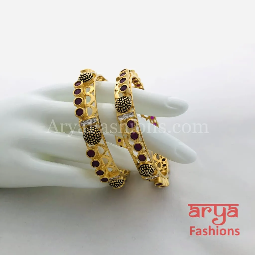 Golden Black Meenakari Ruby Kundan Bangles