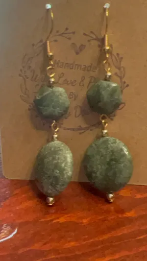 Green Opal Hexagon and Round Gemstones with Gold Earrings