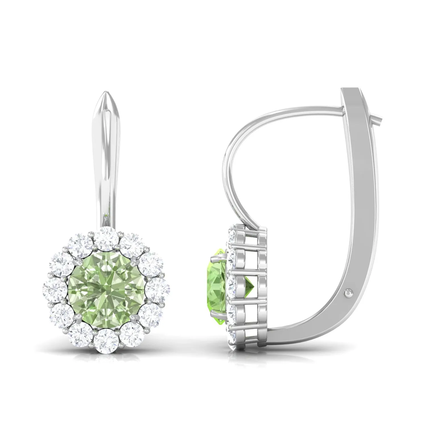 Green Sapphire and Moissanite Flower Halo Drop Earrings