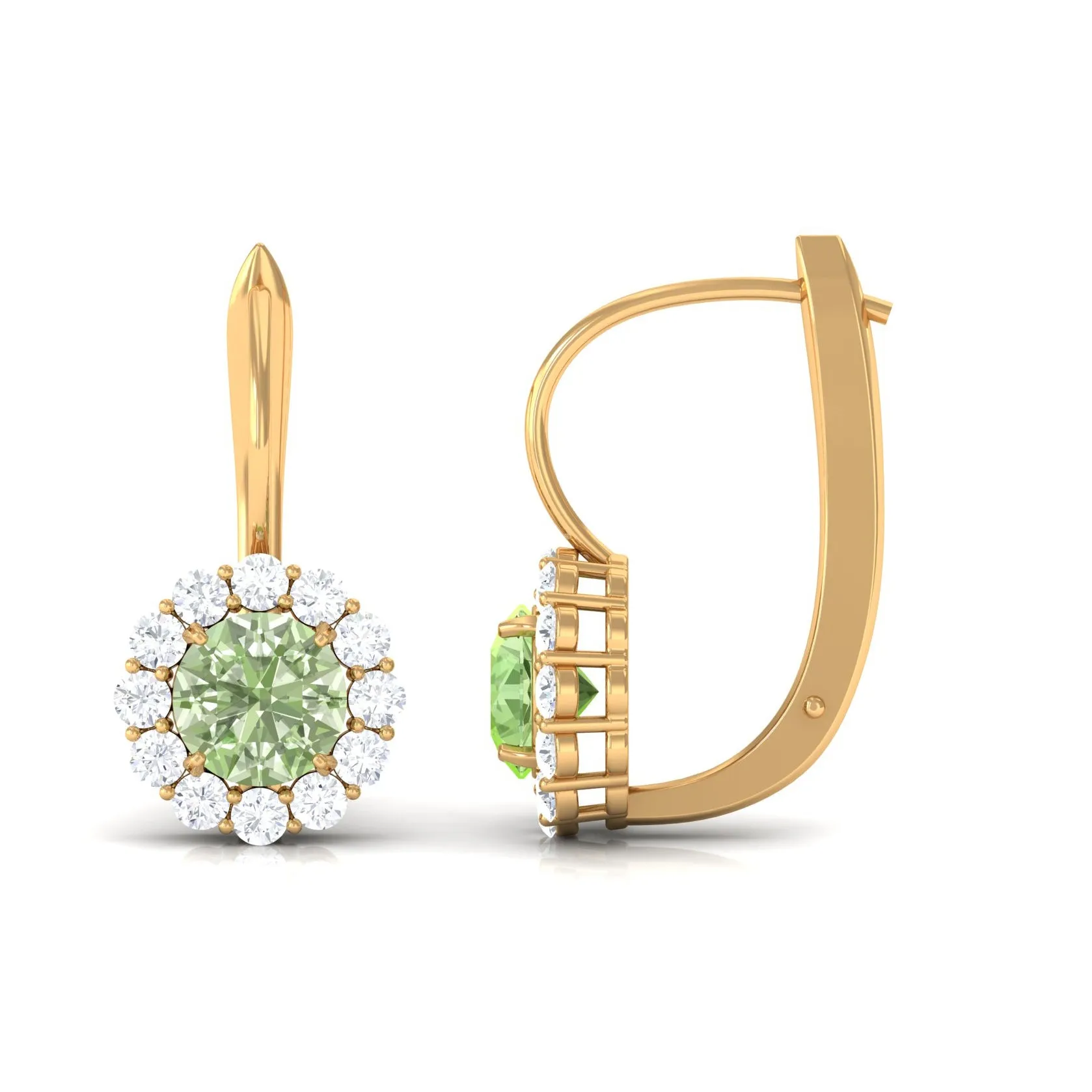 Green Sapphire and Moissanite Flower Halo Drop Earrings