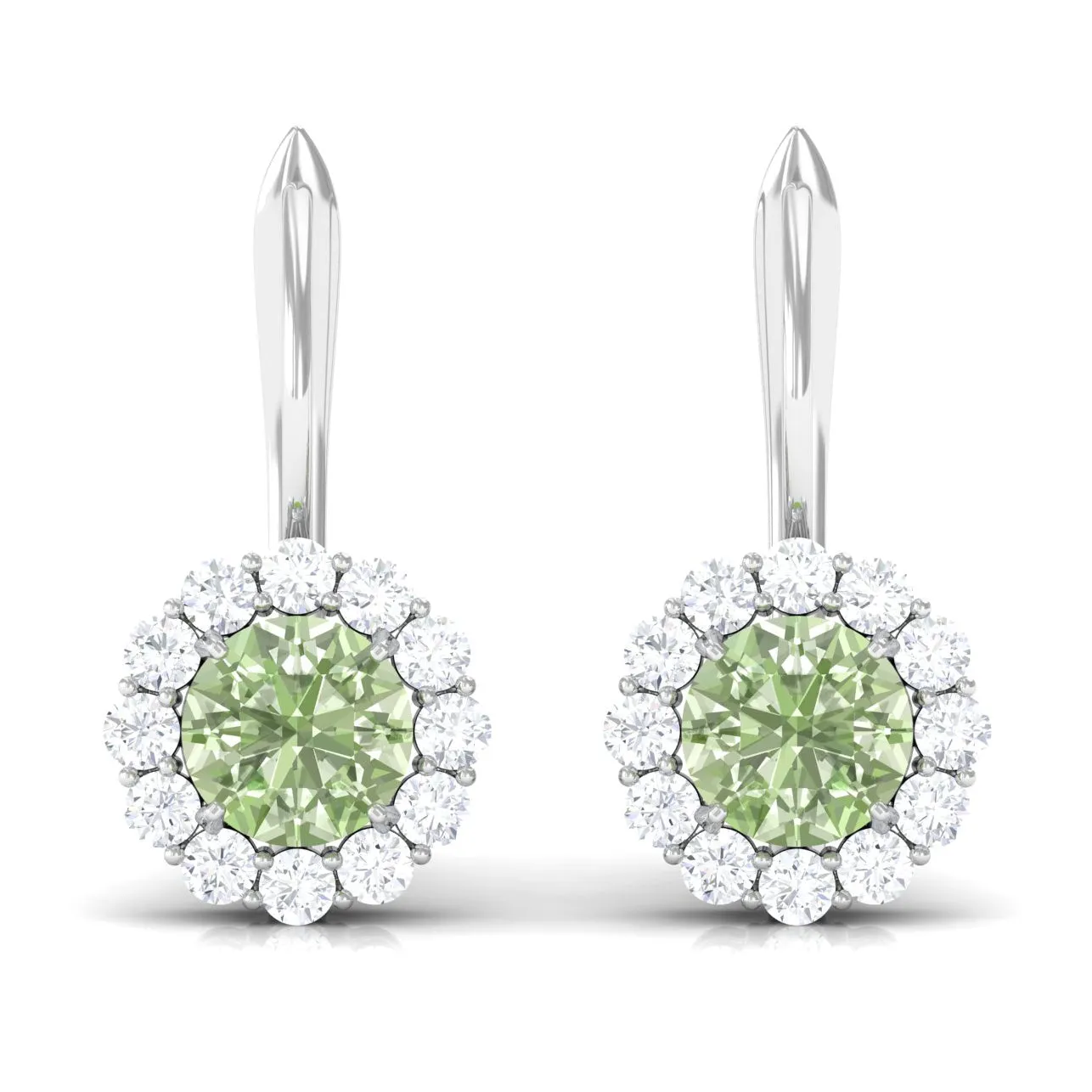 Green Sapphire and Moissanite Flower Halo Drop Earrings