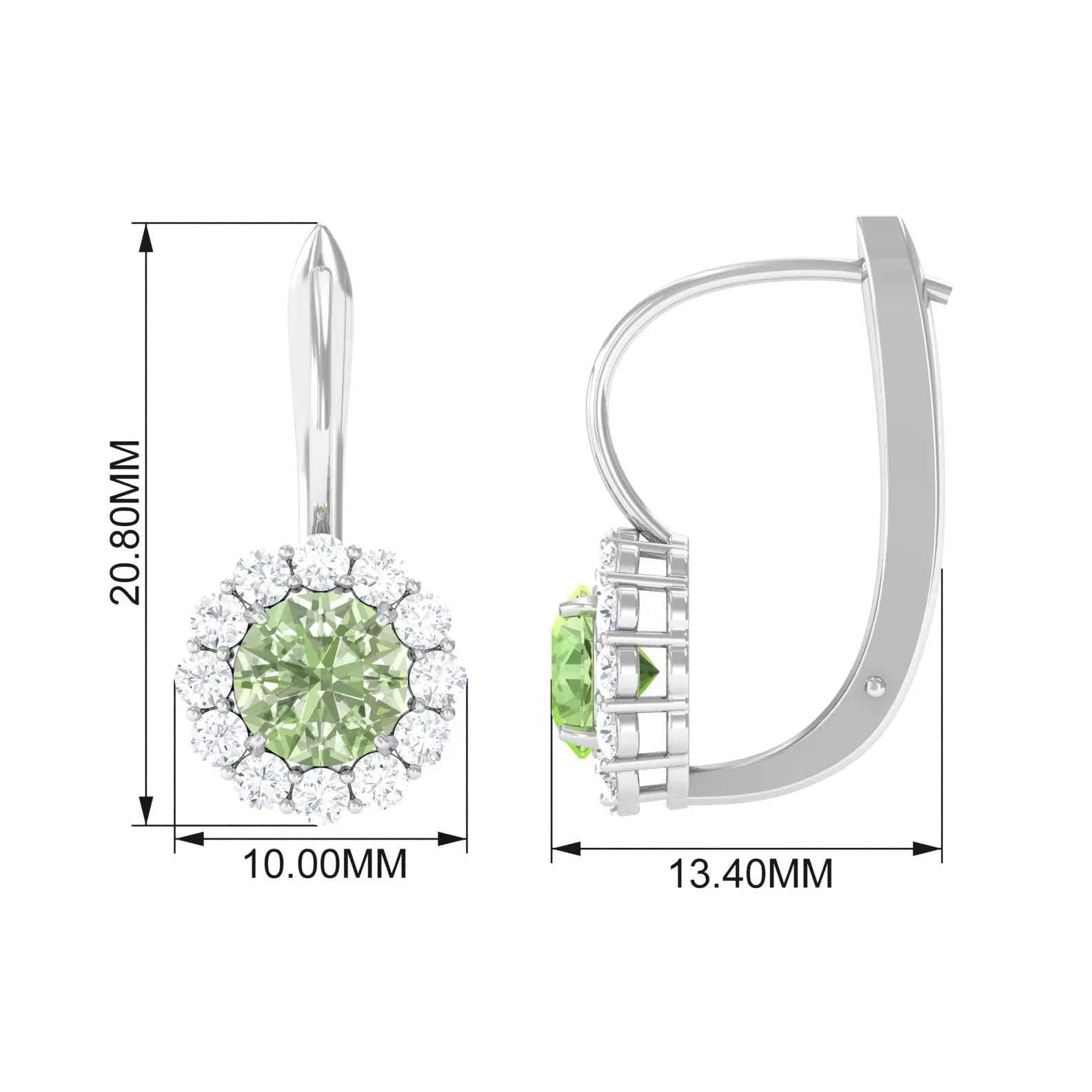 Green Sapphire and Moissanite Flower Halo Drop Earrings