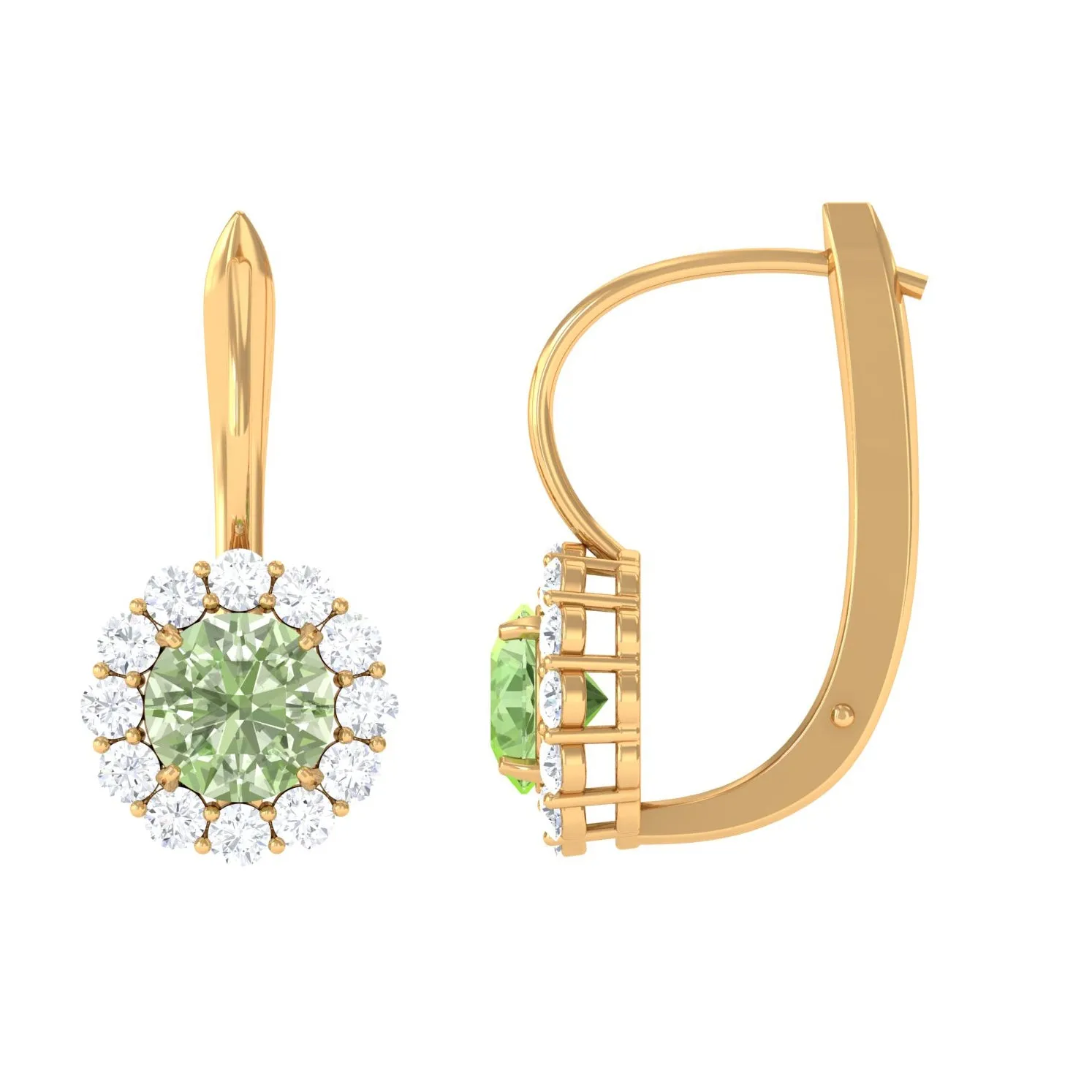 Green Sapphire and Moissanite Flower Halo Drop Earrings