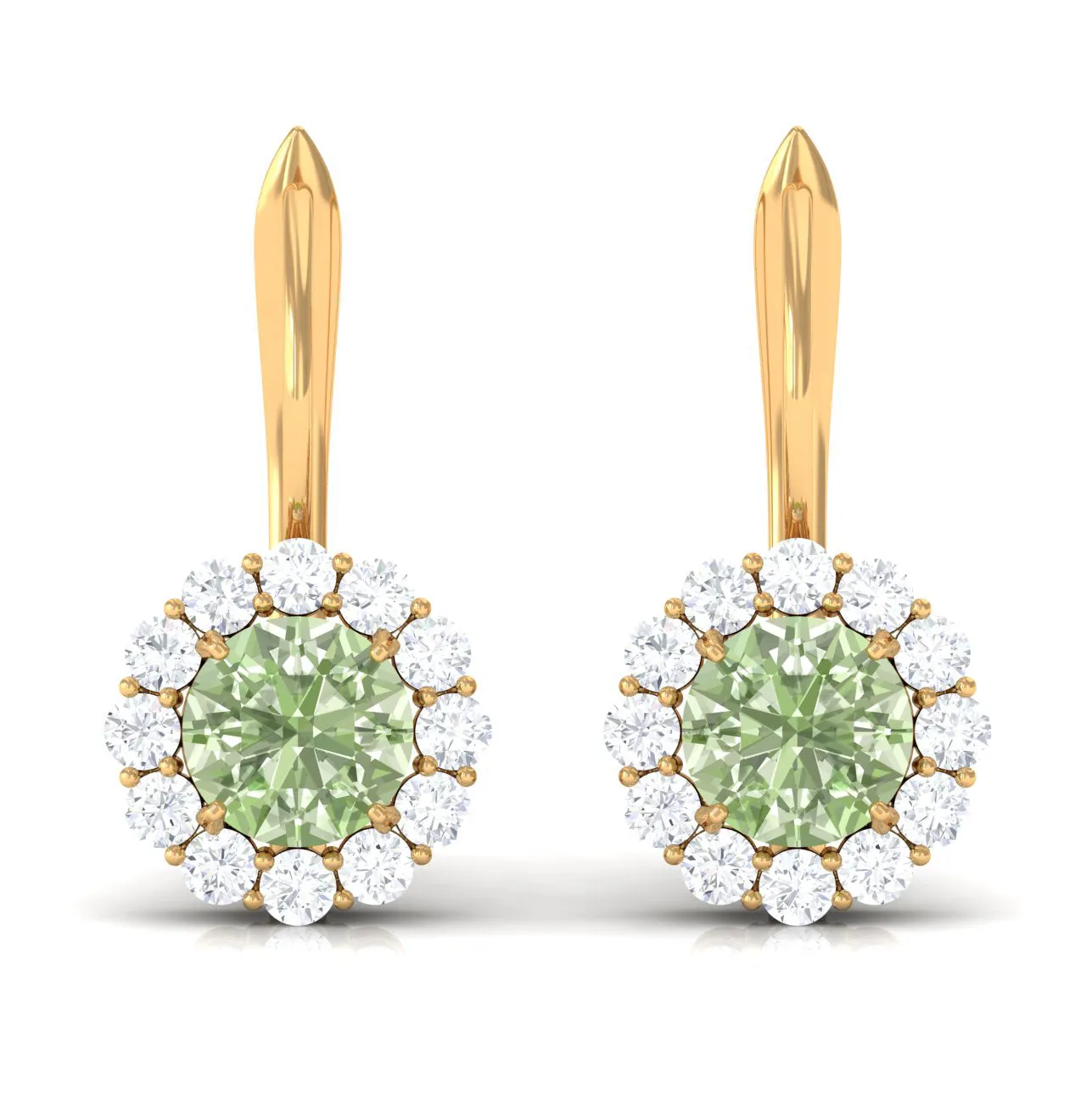Green Sapphire and Moissanite Flower Halo Drop Earrings