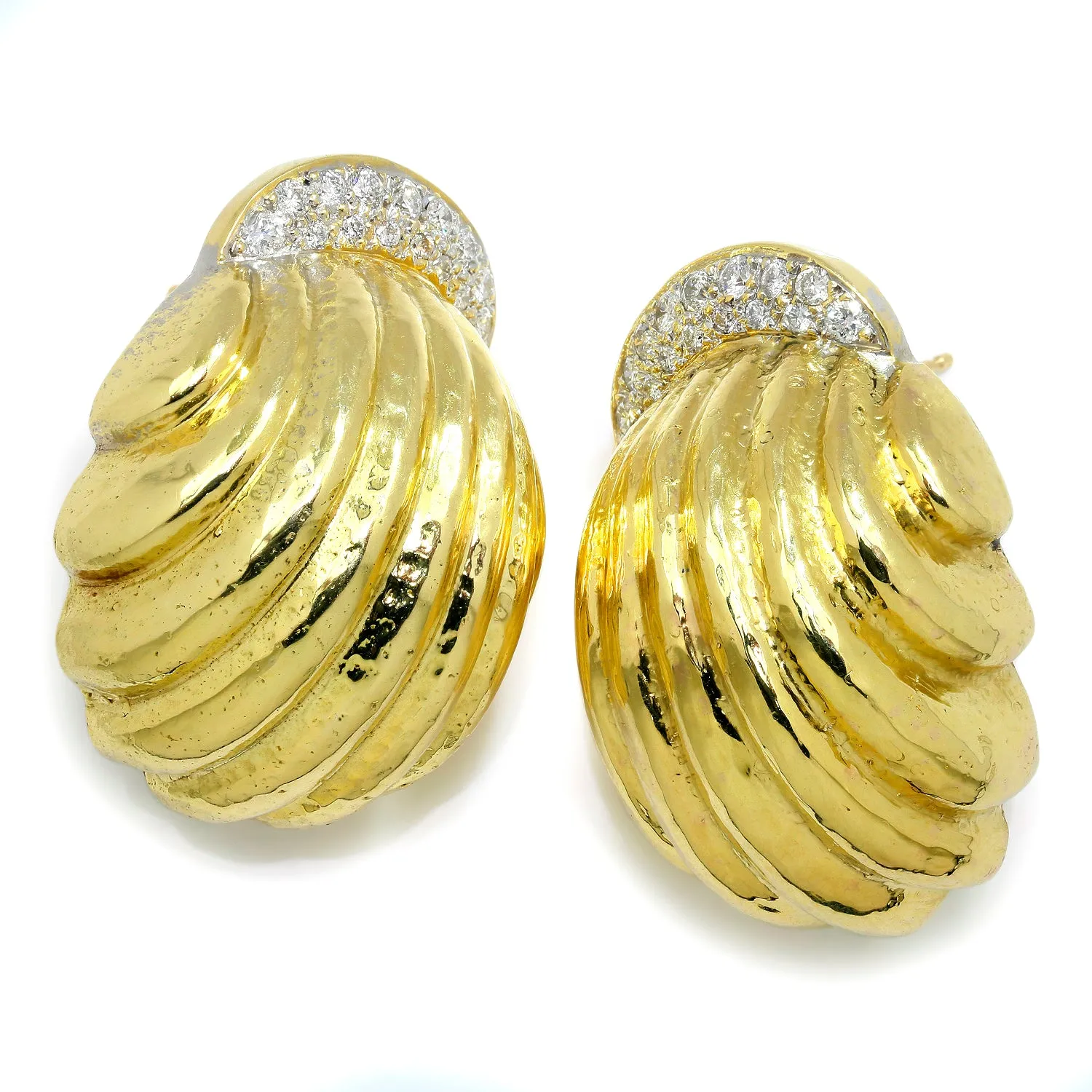 Hammered Shrimp Omega Earrings with Diamonds 14K Two-Tone Gold