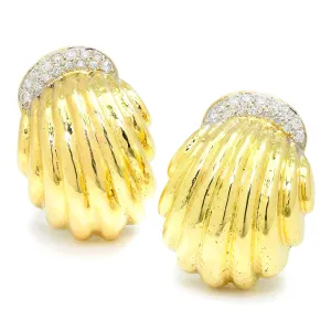 Hammered Shrimp Omega Earrings with Diamonds 14K Two-Tone Gold