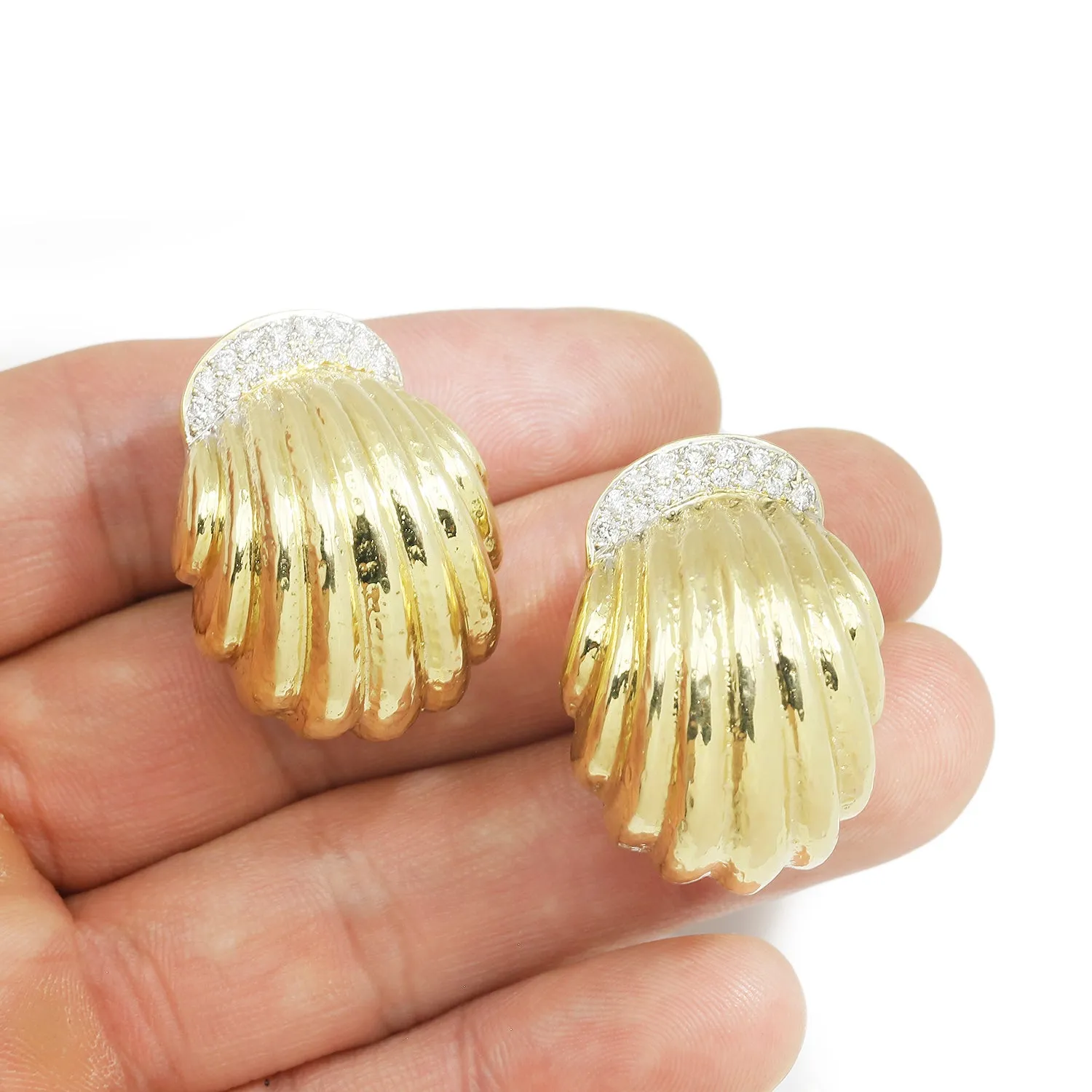 Hammered Shrimp Omega Earrings with Diamonds 14K Two-Tone Gold