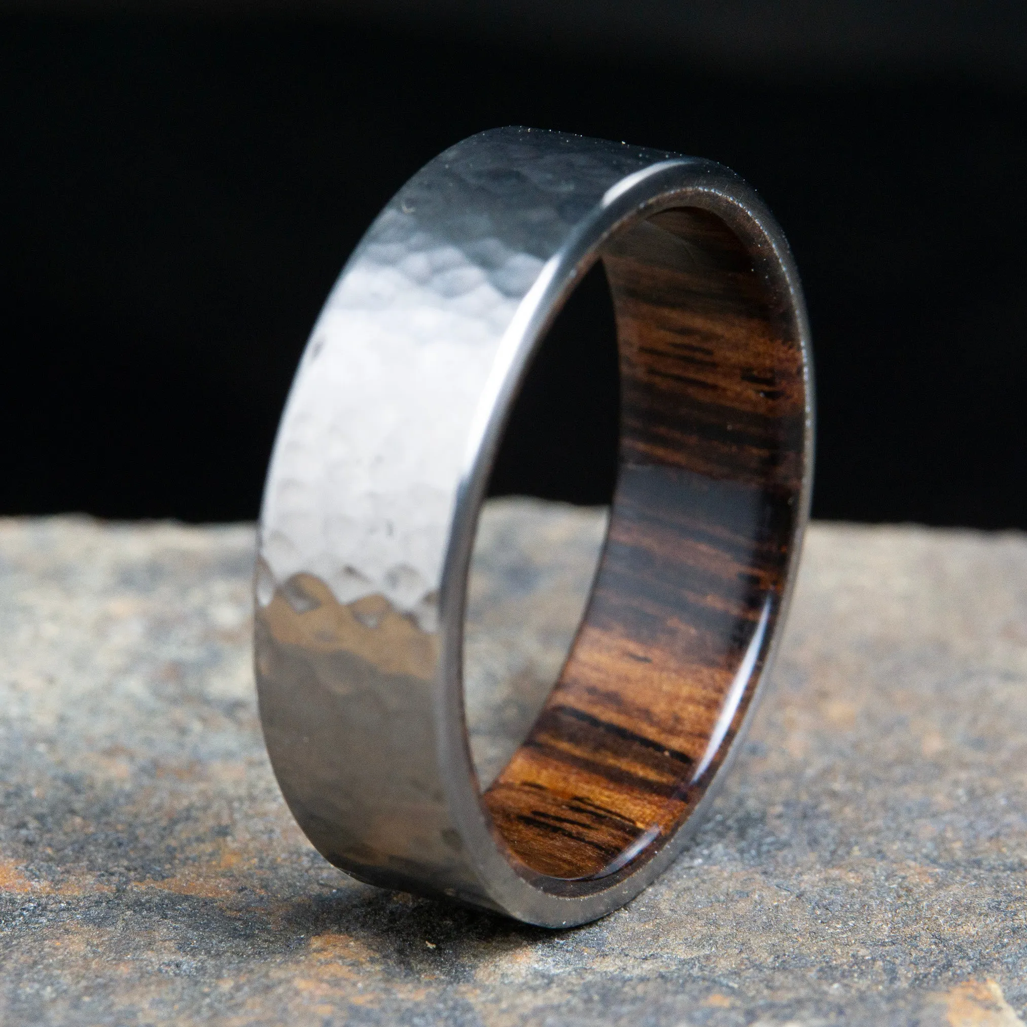 Hammered Titanium and Cocobolo wood ring, men's wooden wedding ring, Anniversary gift