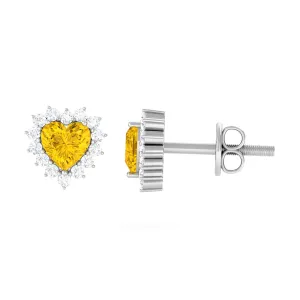 Heart Shape Yellow Sapphire and Diamond Minimal Halo Stud Earrings