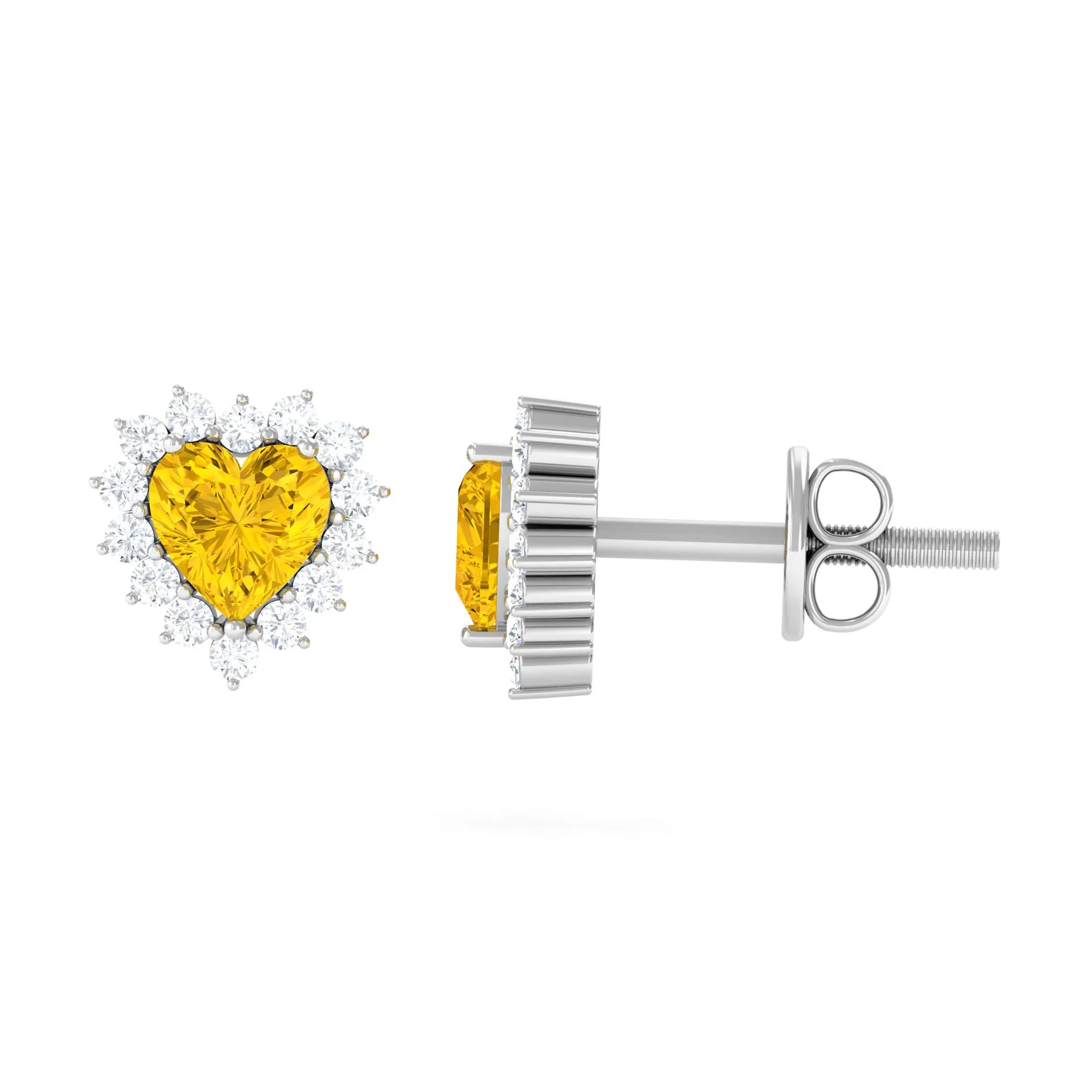 Heart Shape Yellow Sapphire and Diamond Minimal Halo Stud Earrings