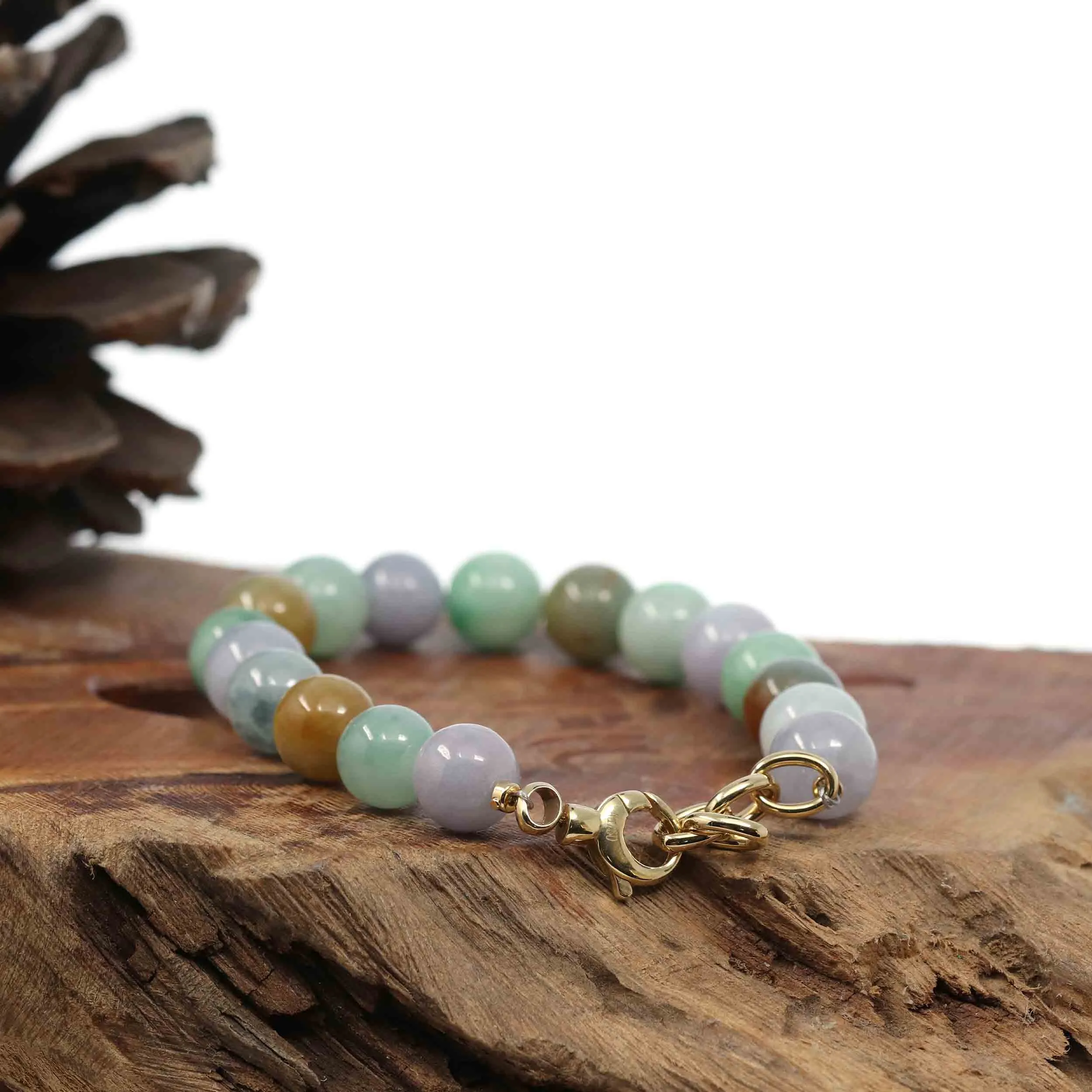 High Multiple Colors Jadeite Jade Beads Bracelet With 18K Yellow Gold Clasp ( 9.5 mm )