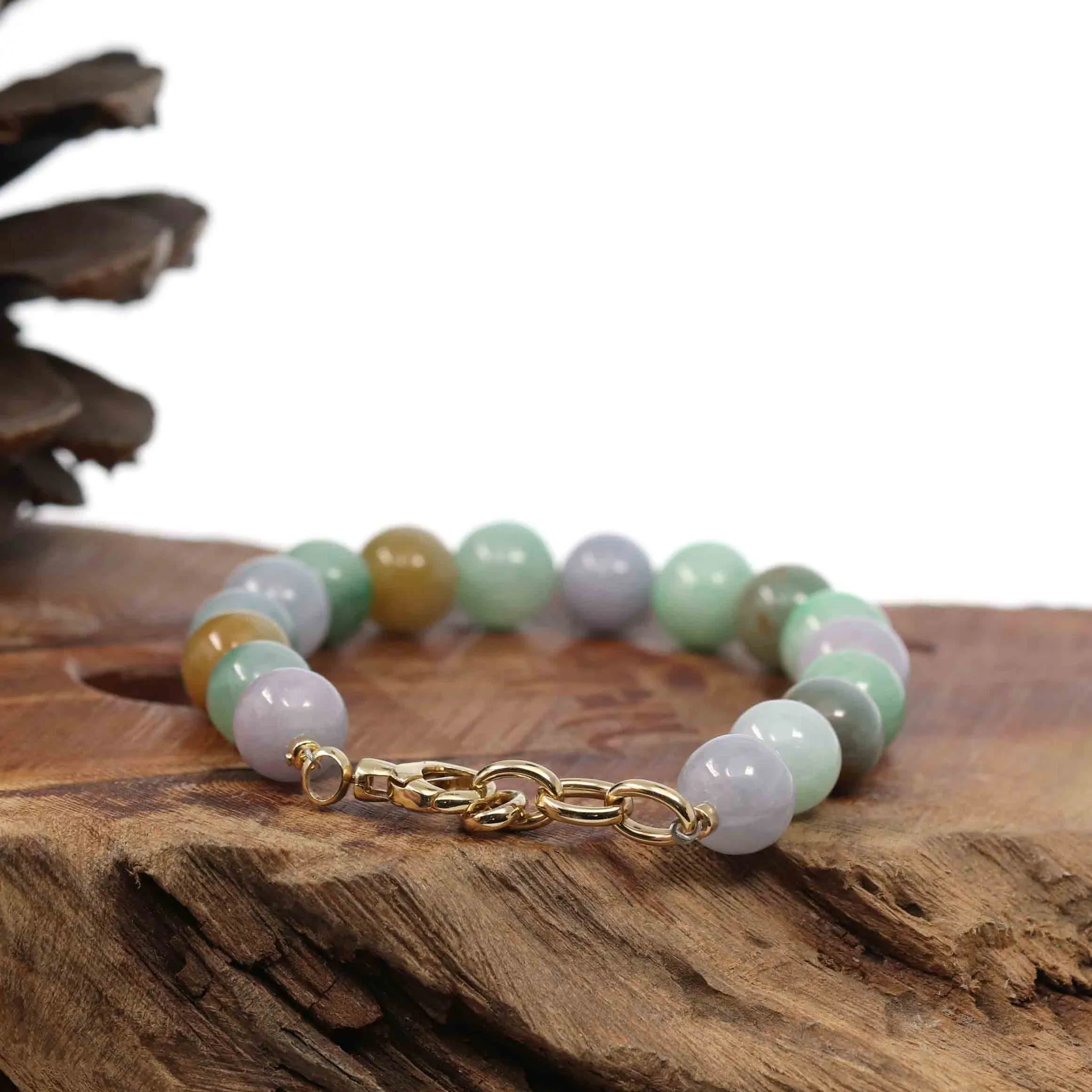 High Multiple Colors Jadeite Jade Beads Bracelet With 18K Yellow Gold Clasp ( 9.5 mm )