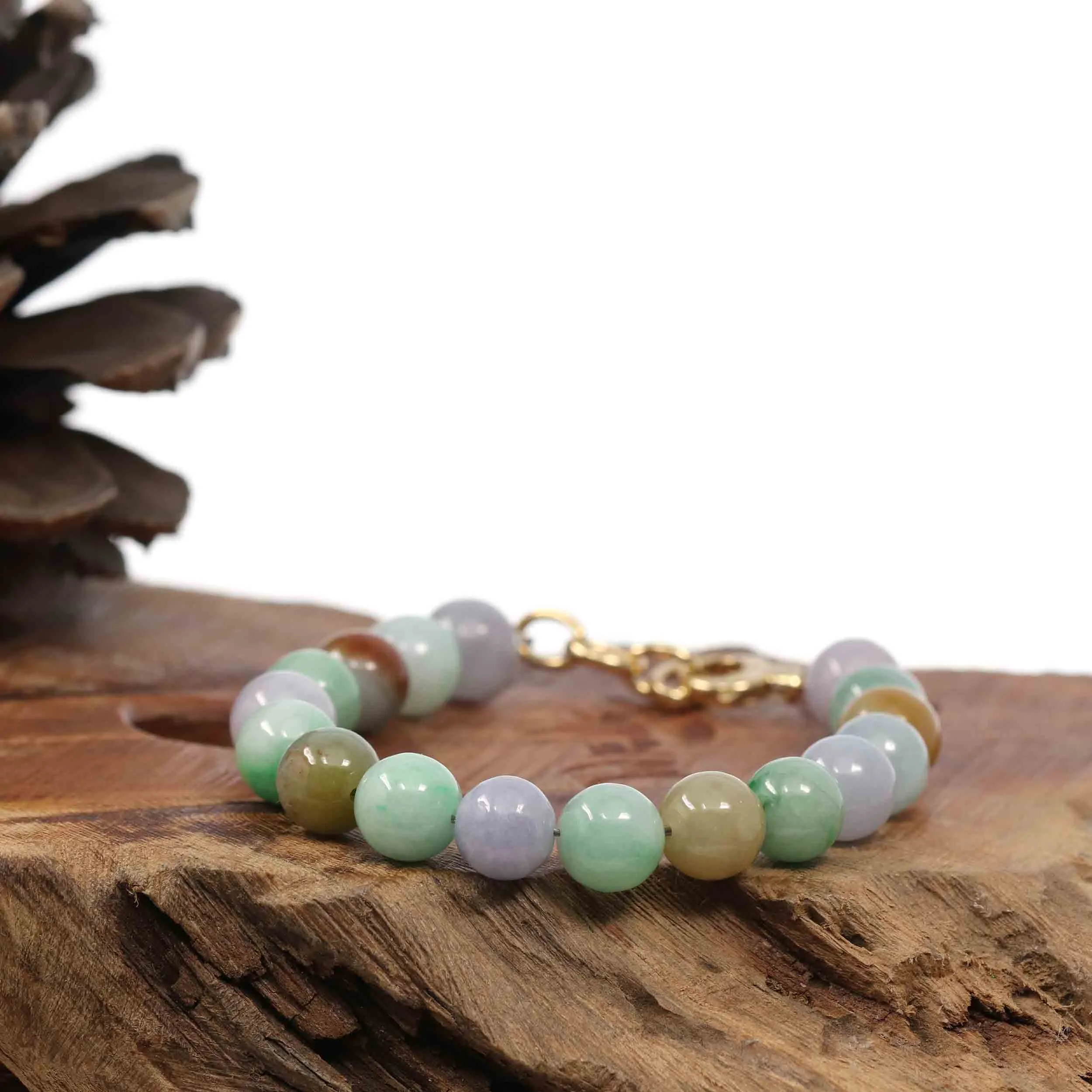 High Multiple Colors Jadeite Jade Beads Bracelet With 18K Yellow Gold Clasp ( 9.5 mm )