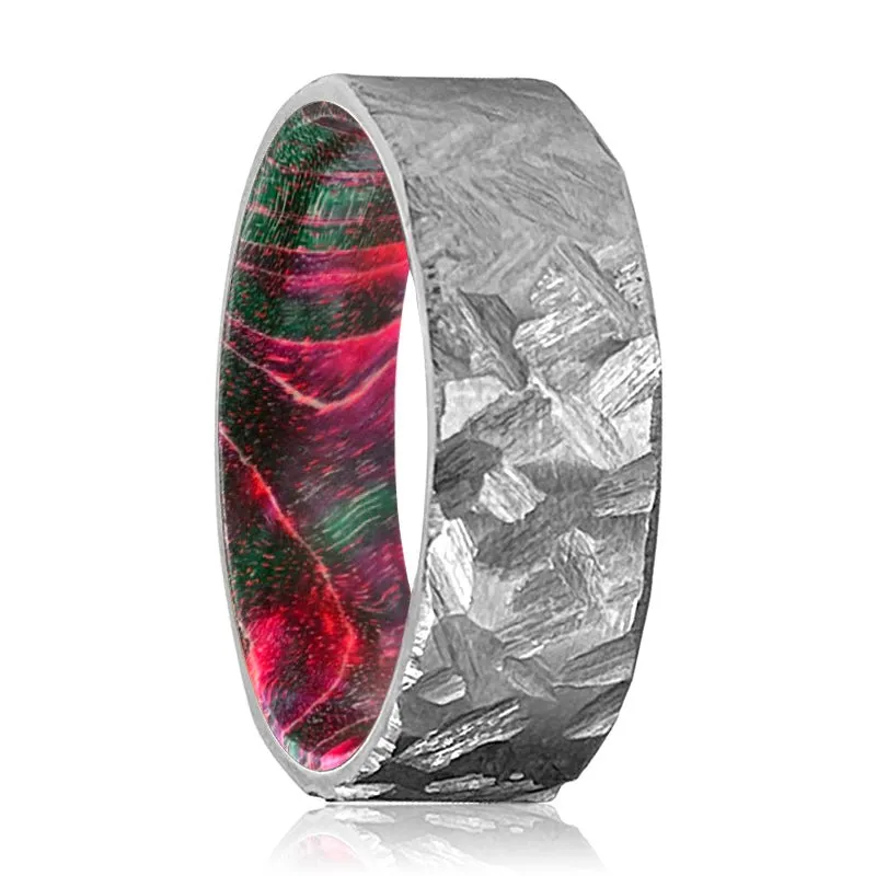 HUBER | Green and Red Wood, Silver Titanium Ring, Hammered, Flat