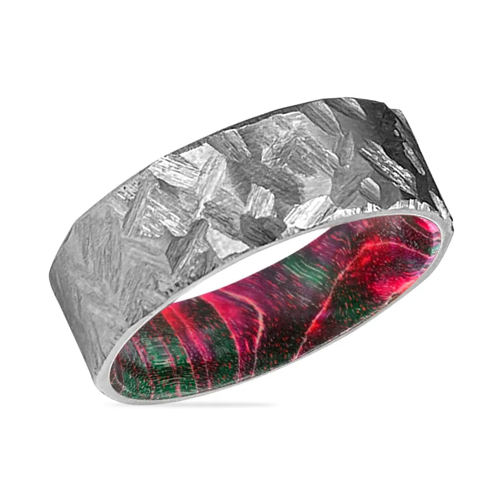 HUBER | Green and Red Wood, Silver Titanium Ring, Hammered, Flat