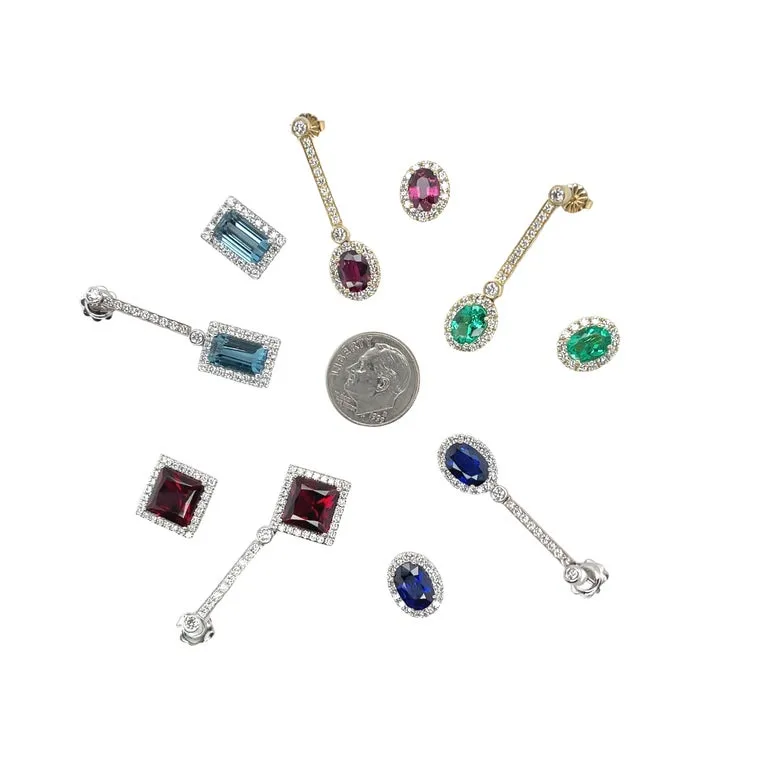 Interchangeable Sapphire Drop Earrings with Diamond Line Tops in 18k White Gold