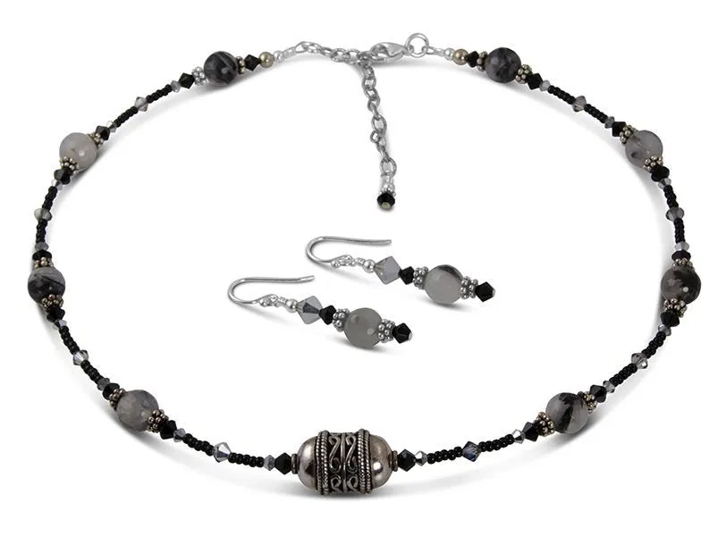 Jet Black Quartz Bead Necklace Set