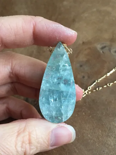 Large Statement Aquamarine Necklace Gold Fill March Birthstone