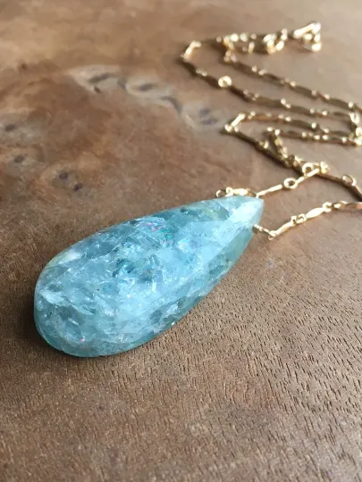 Large Statement Aquamarine Necklace Gold Fill March Birthstone