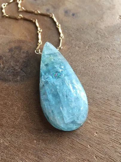 Large Statement Aquamarine Necklace Gold Fill March Birthstone